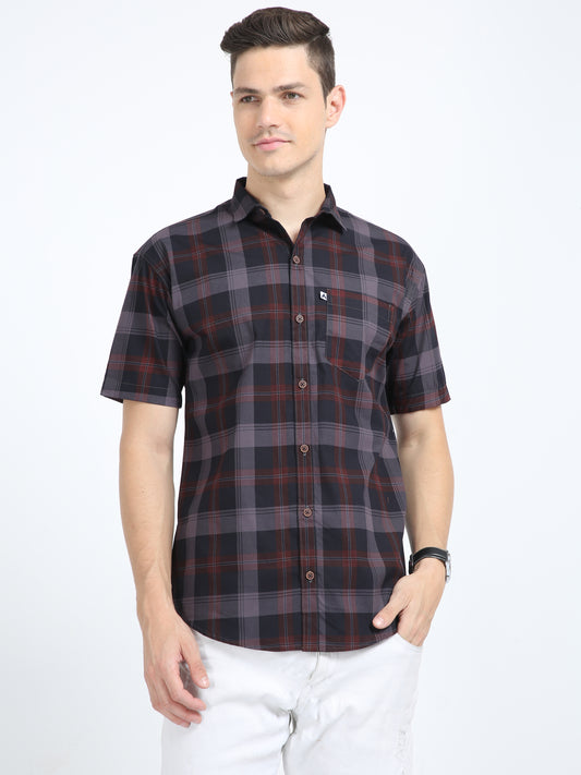 Half Sleeve Tartan Plaid Grey Check Shirt for Men
