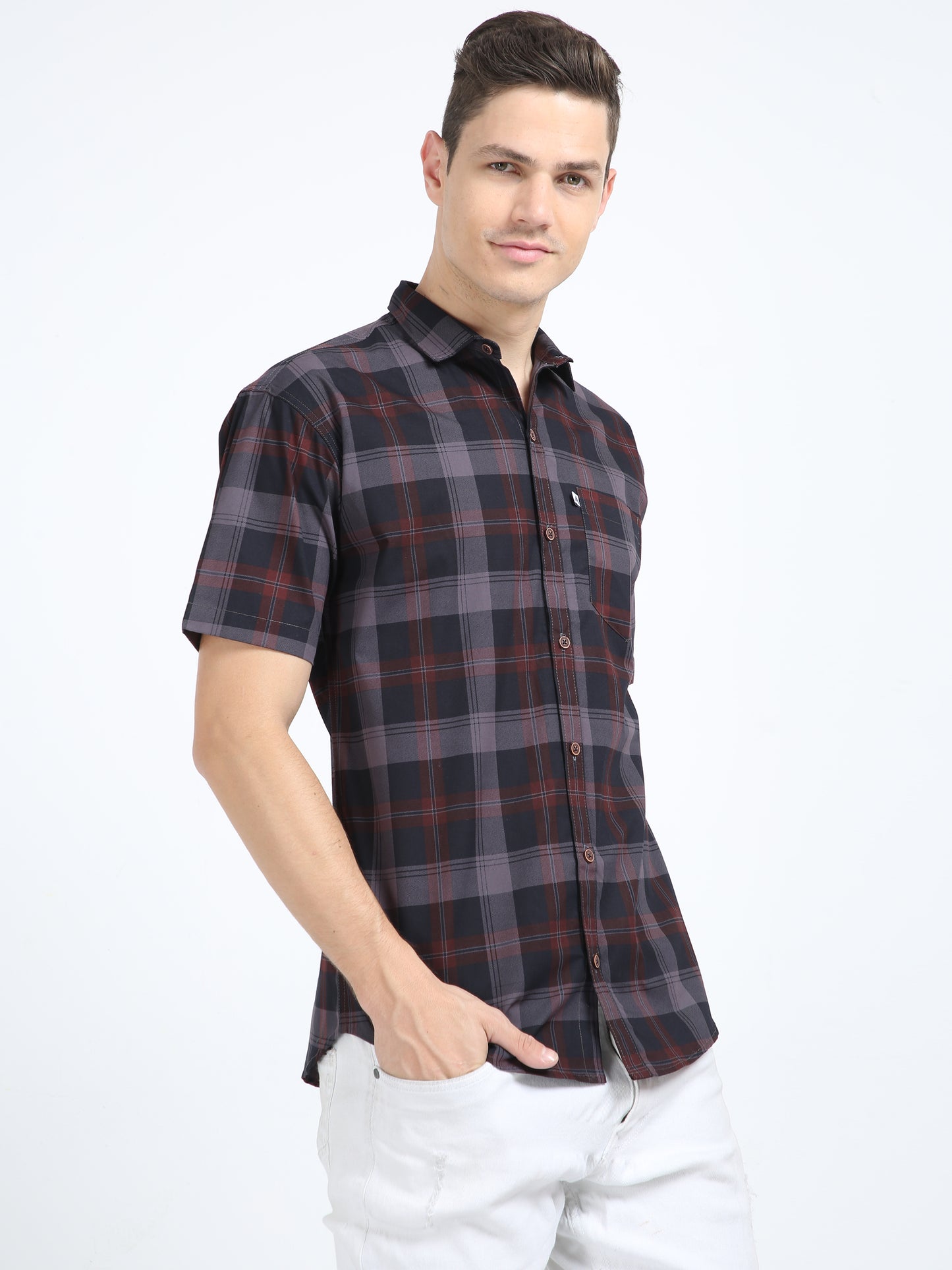 Half Sleeve Tartan Plaid Grey Check Shirt for Men