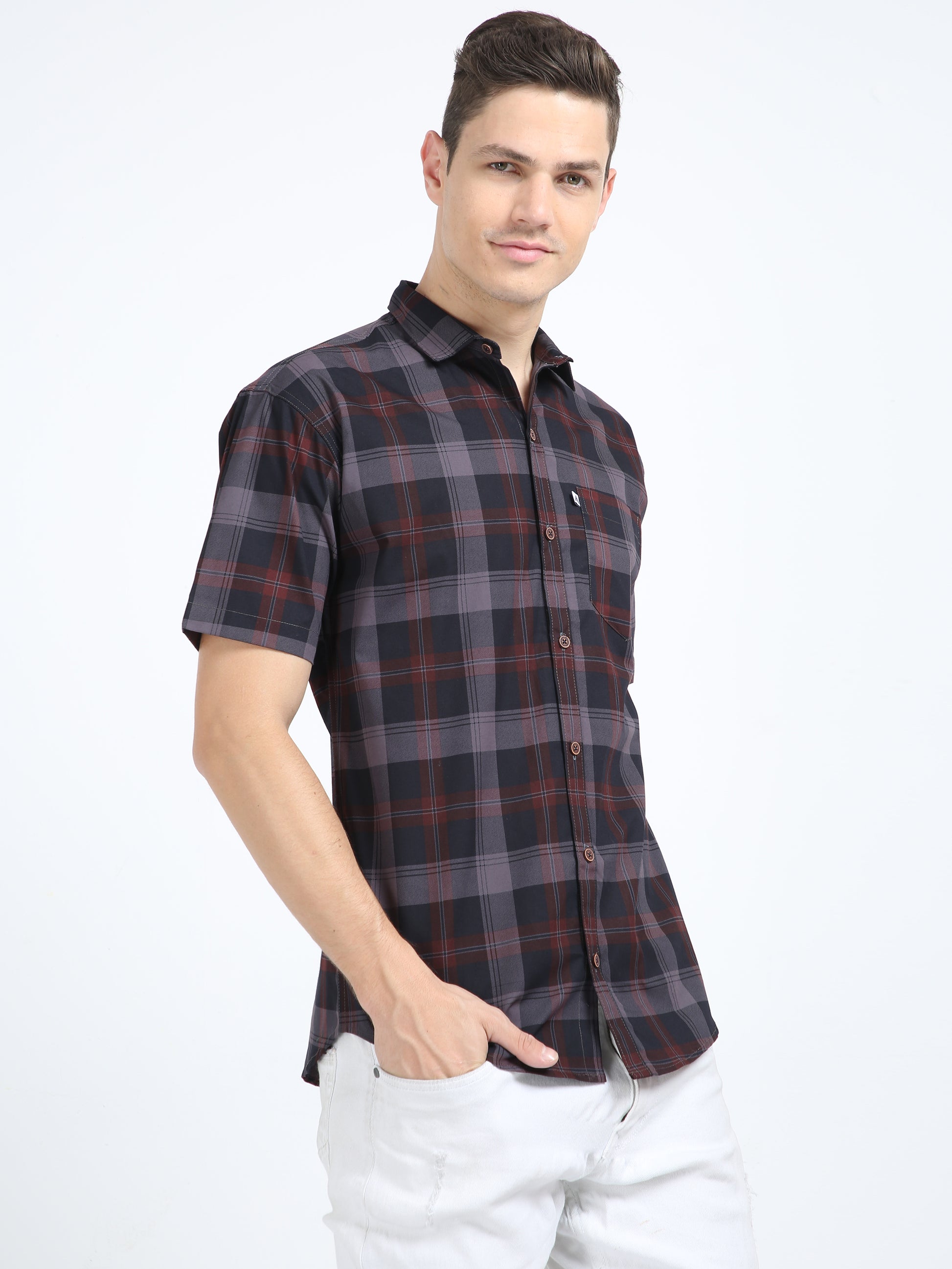 Half Sleeve Tartan Plaid Grey Check Shirt for Men