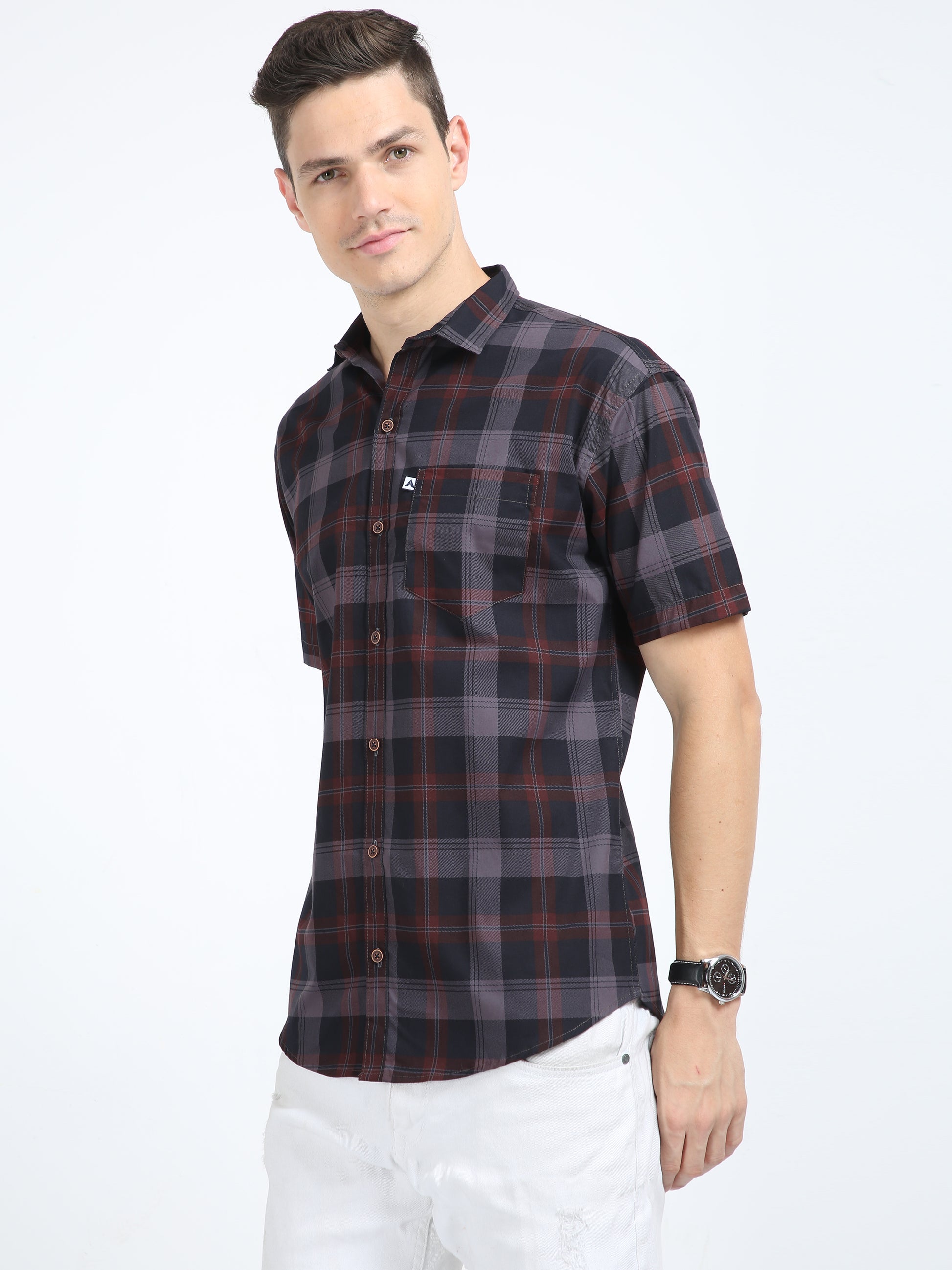 Half Sleeve Tartan Plaid Grey Check Shirt for Men