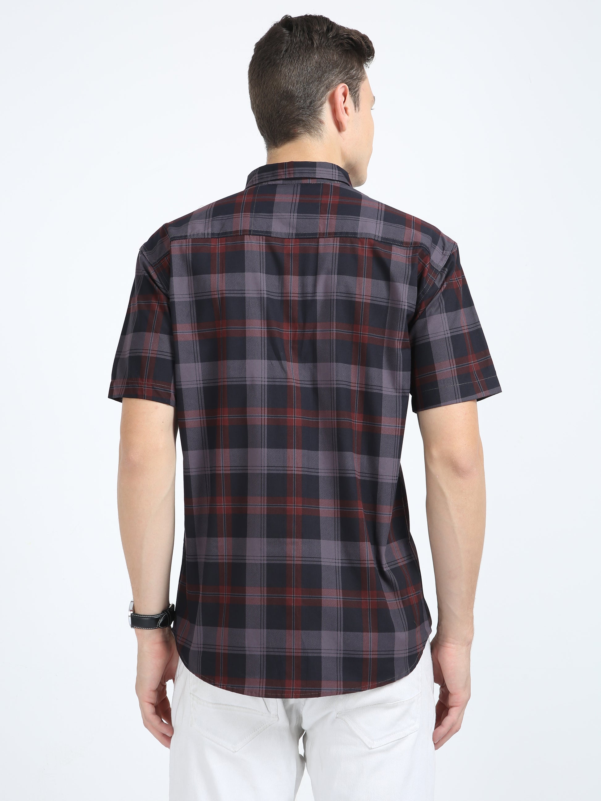 Half Sleeve Tartan Plaid Grey Check Shirt for Men