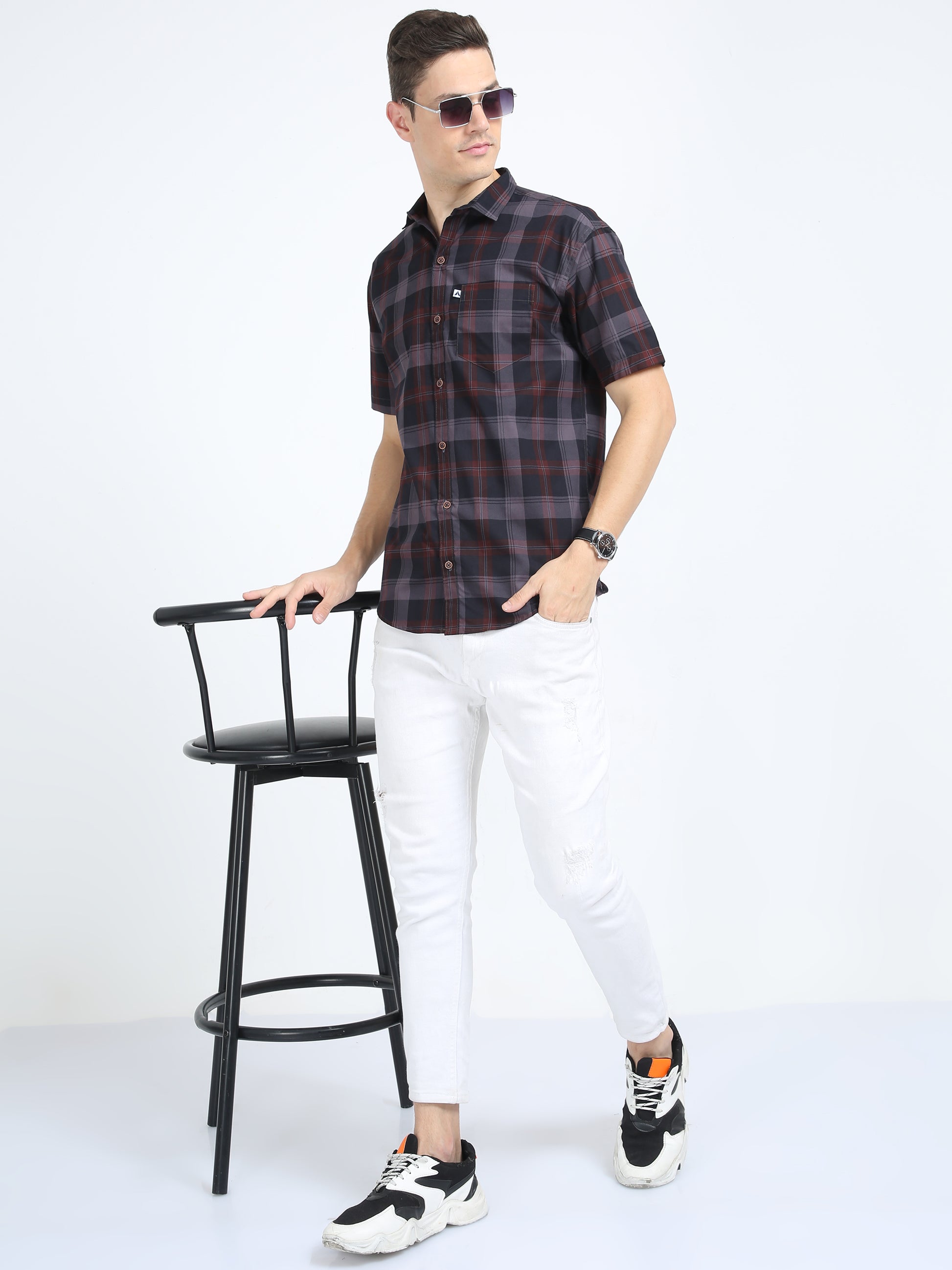 Half Sleeve Tartan Plaid Grey Check Shirt for Men