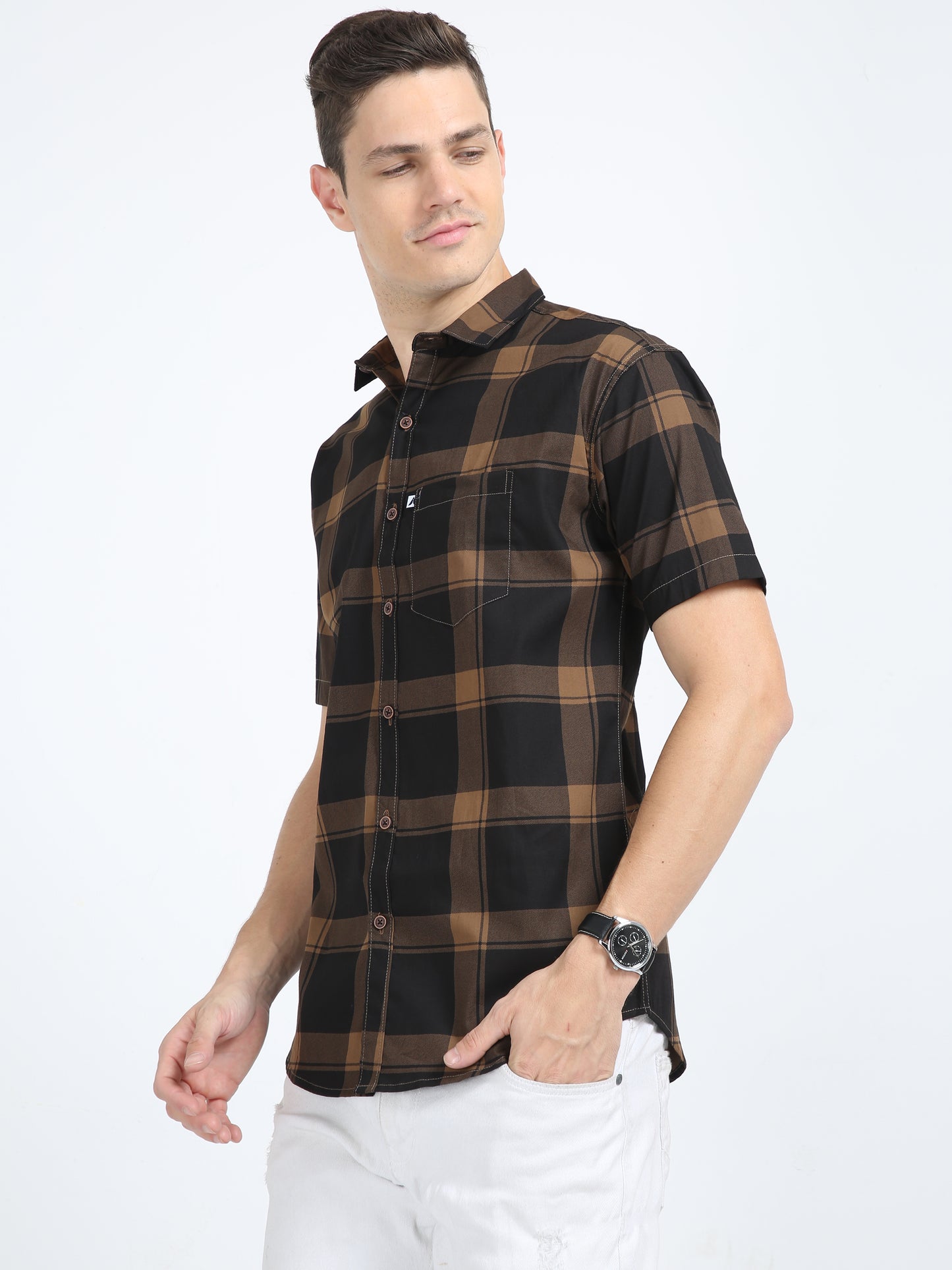 Half Sleeve Tartan Plaid Brown Check Shirt for Men