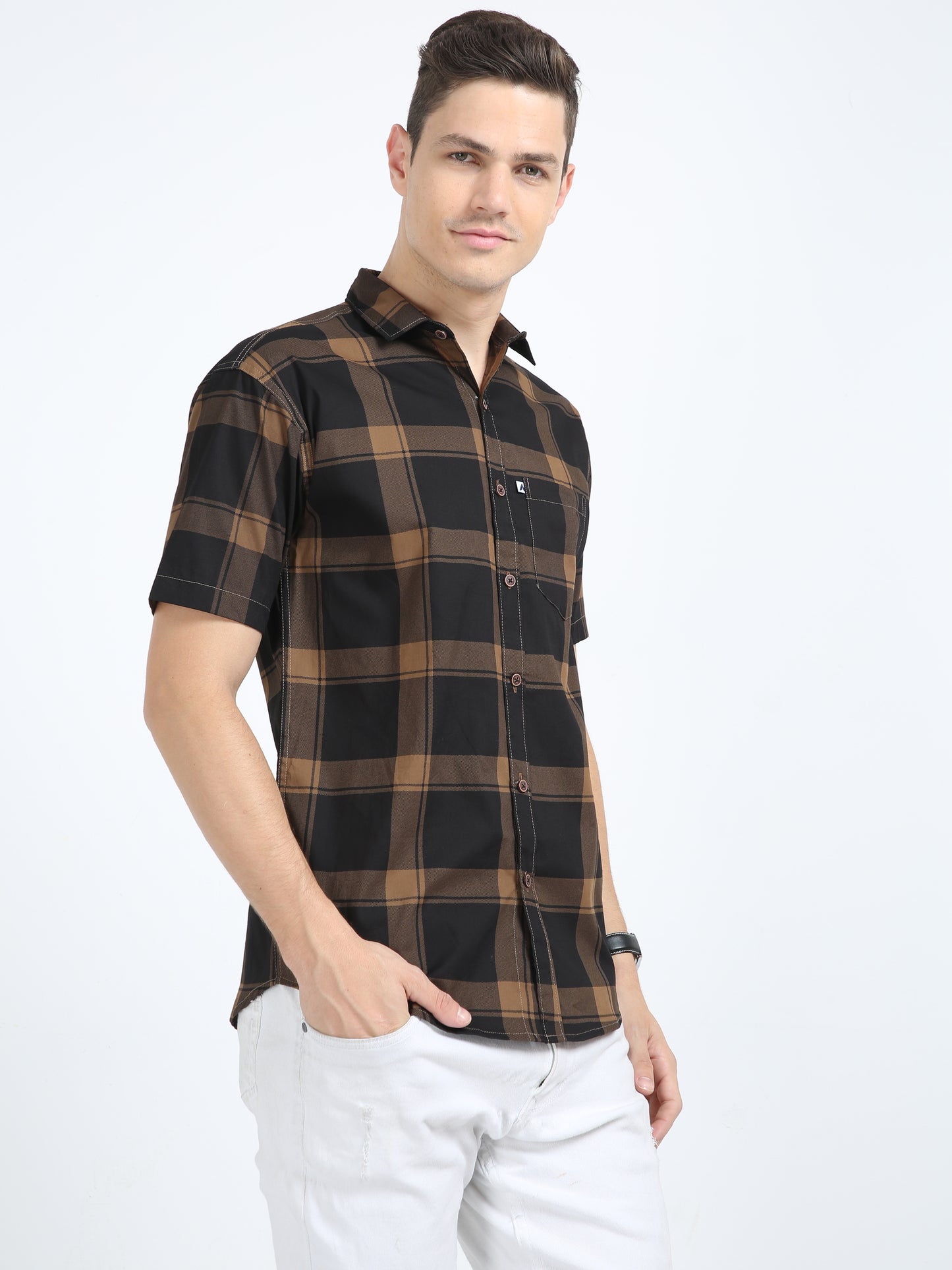 Half Sleeve Tartan Plaid Brown Check Shirt for Men