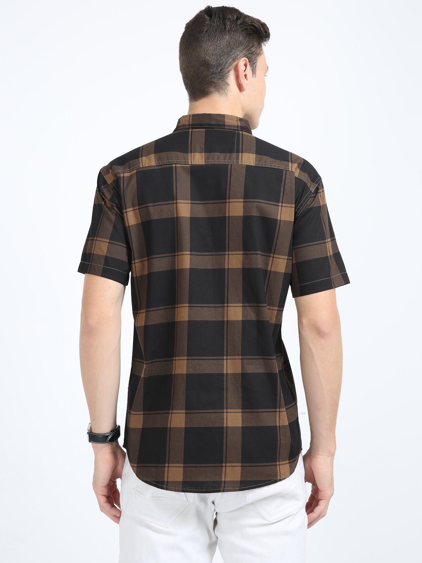 Half Sleeve Tartan Plaid Brown Check Shirt for Men