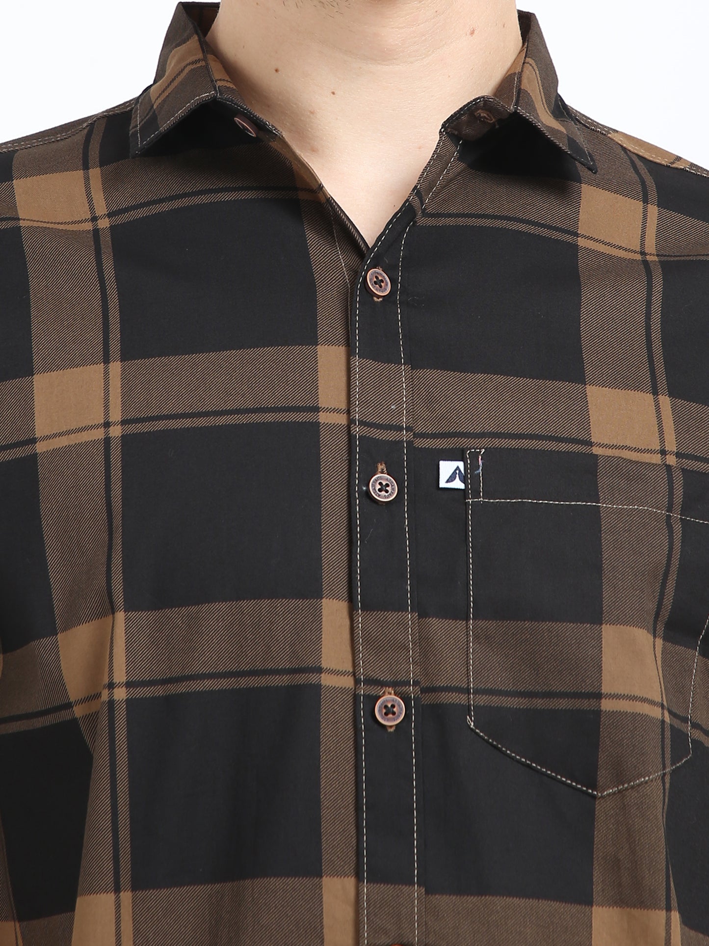 Half Sleeve Tartan Plaid Brown Check Shirt for Men