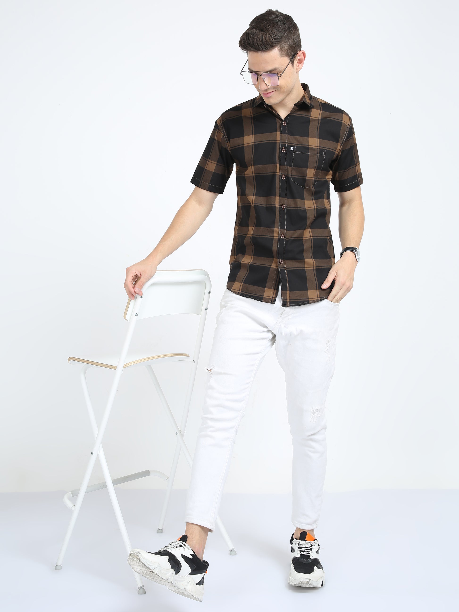 Half Sleeve Tartan Plaid Brown Check Shirt for Men