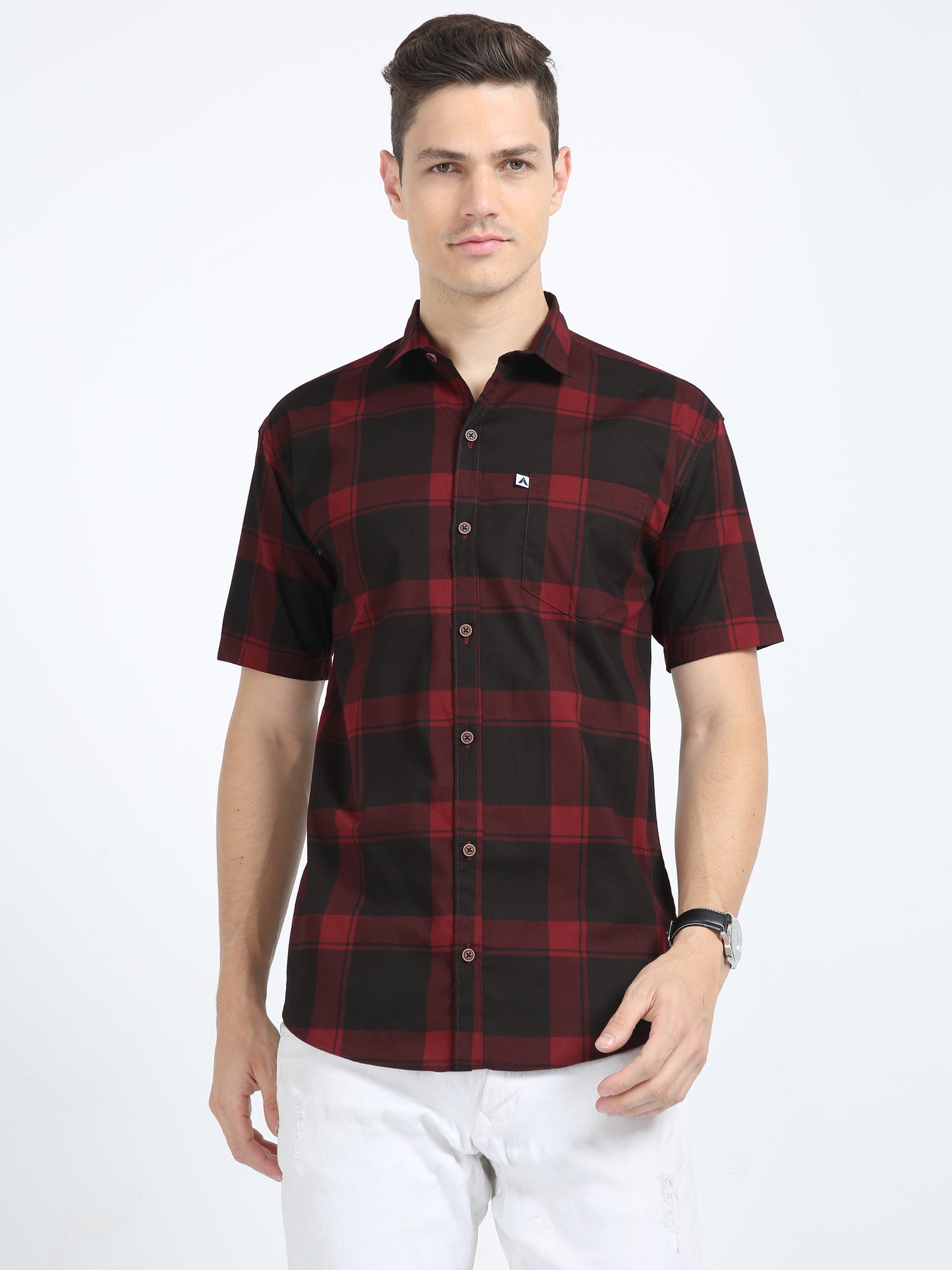 Half Sleeve Tartan Mens Red Plaid Shirt in Regular Fit