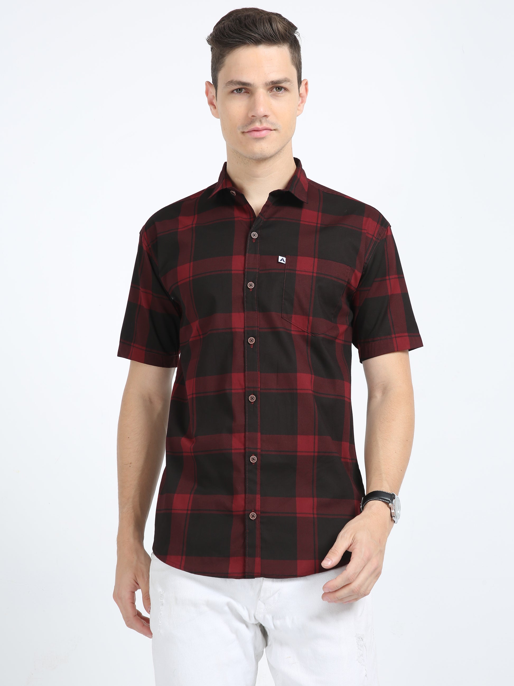 Half Sleeve Tartan Mens Red Plaid Shirt in Regular Fit