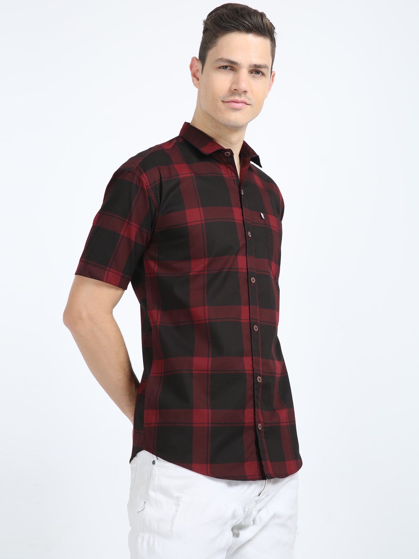 Half Sleeve Tartan Mens Red Plaid Shirt in Regular Fit