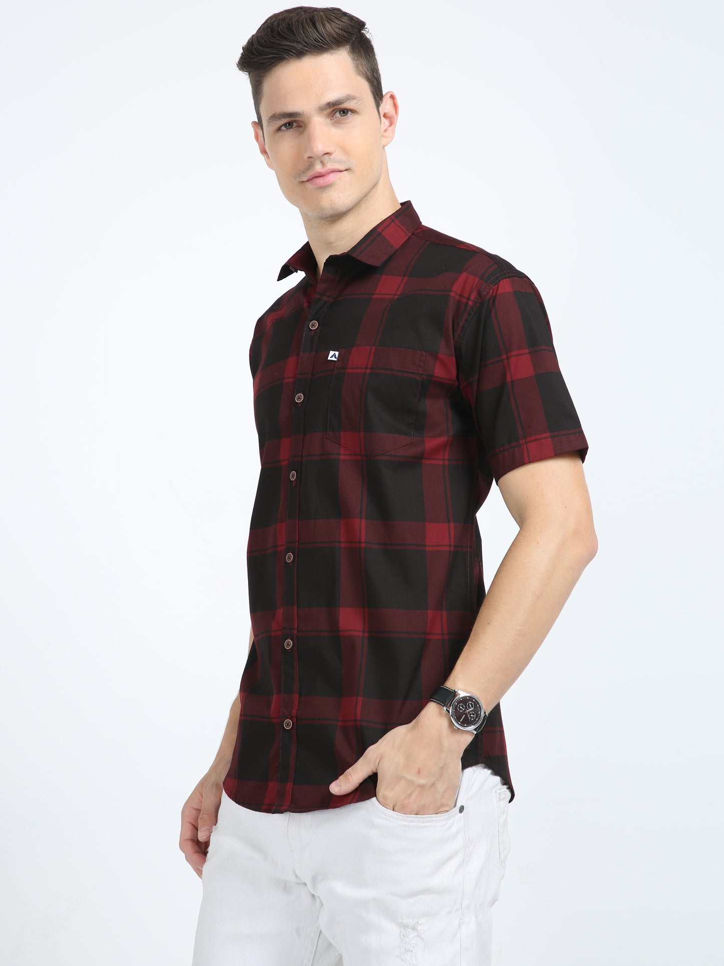 Half Sleeve Tartan Mens Red Plaid Shirt in Regular Fit