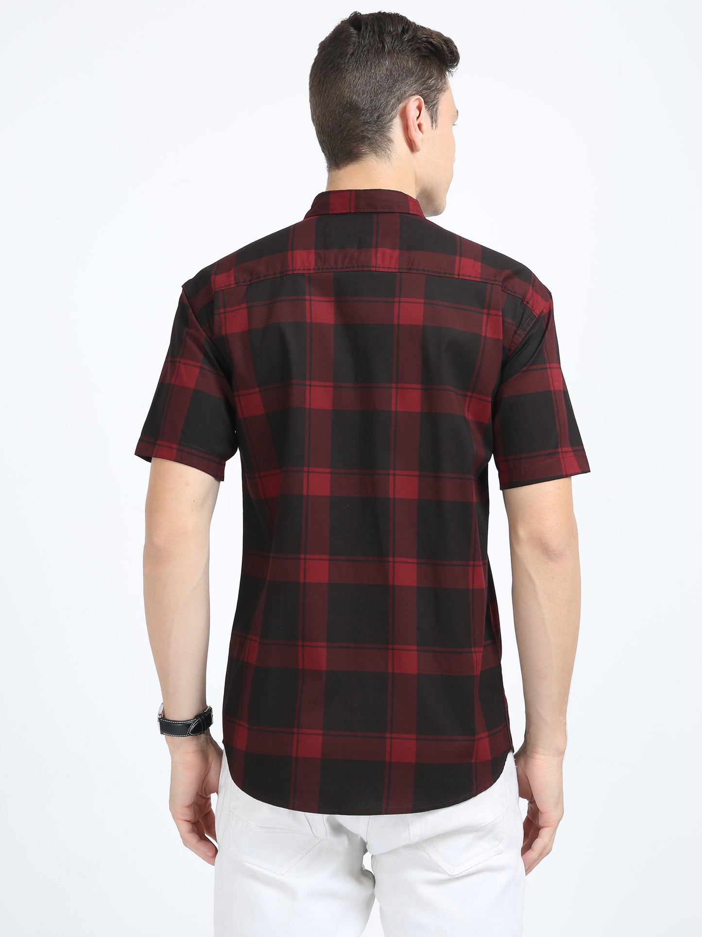 Half Sleeve Tartan Mens Red Plaid Shirt in Regular Fit