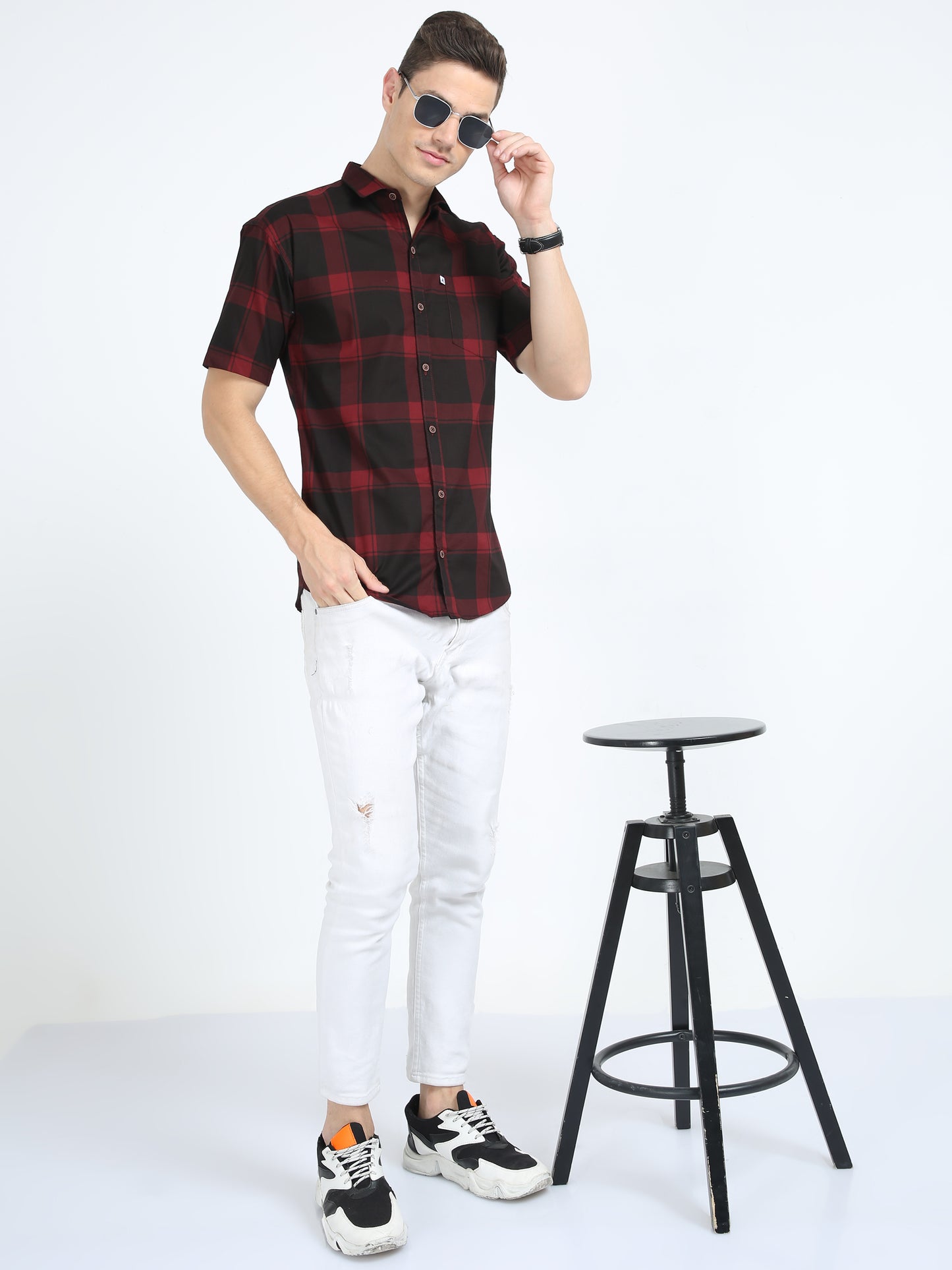 Half Sleeve Tartan Mens Red Plaid Shirt in Regular Fit