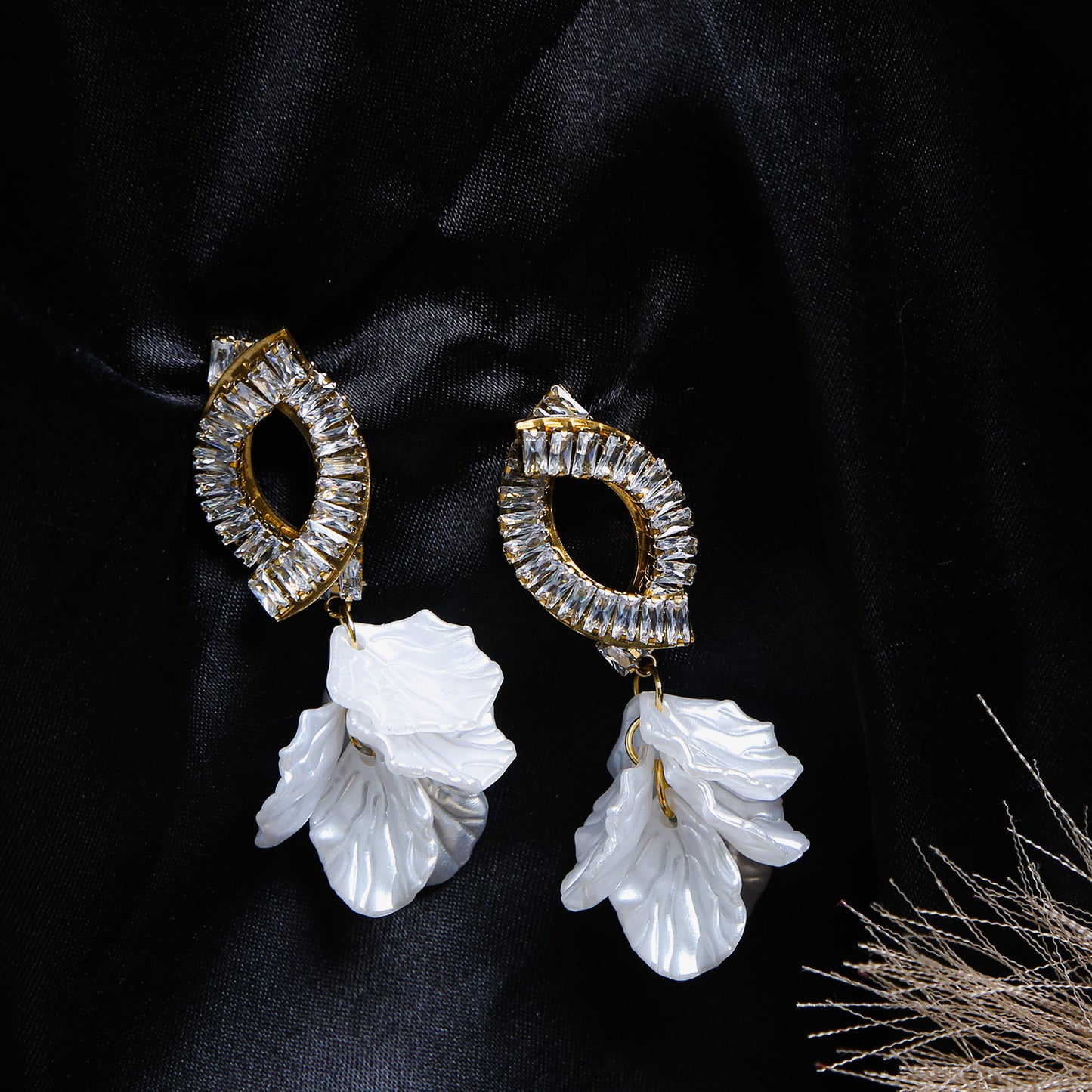 Elegant gold-plated drop earrings with zircon-studded hoop and white floral petal charms