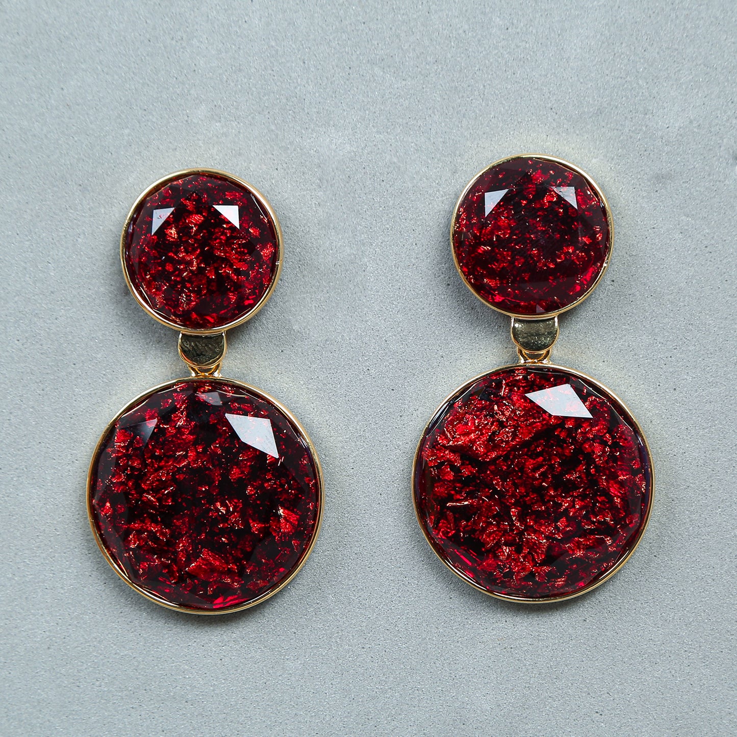 Bold red glitter resin double round drop earrings with golden frame