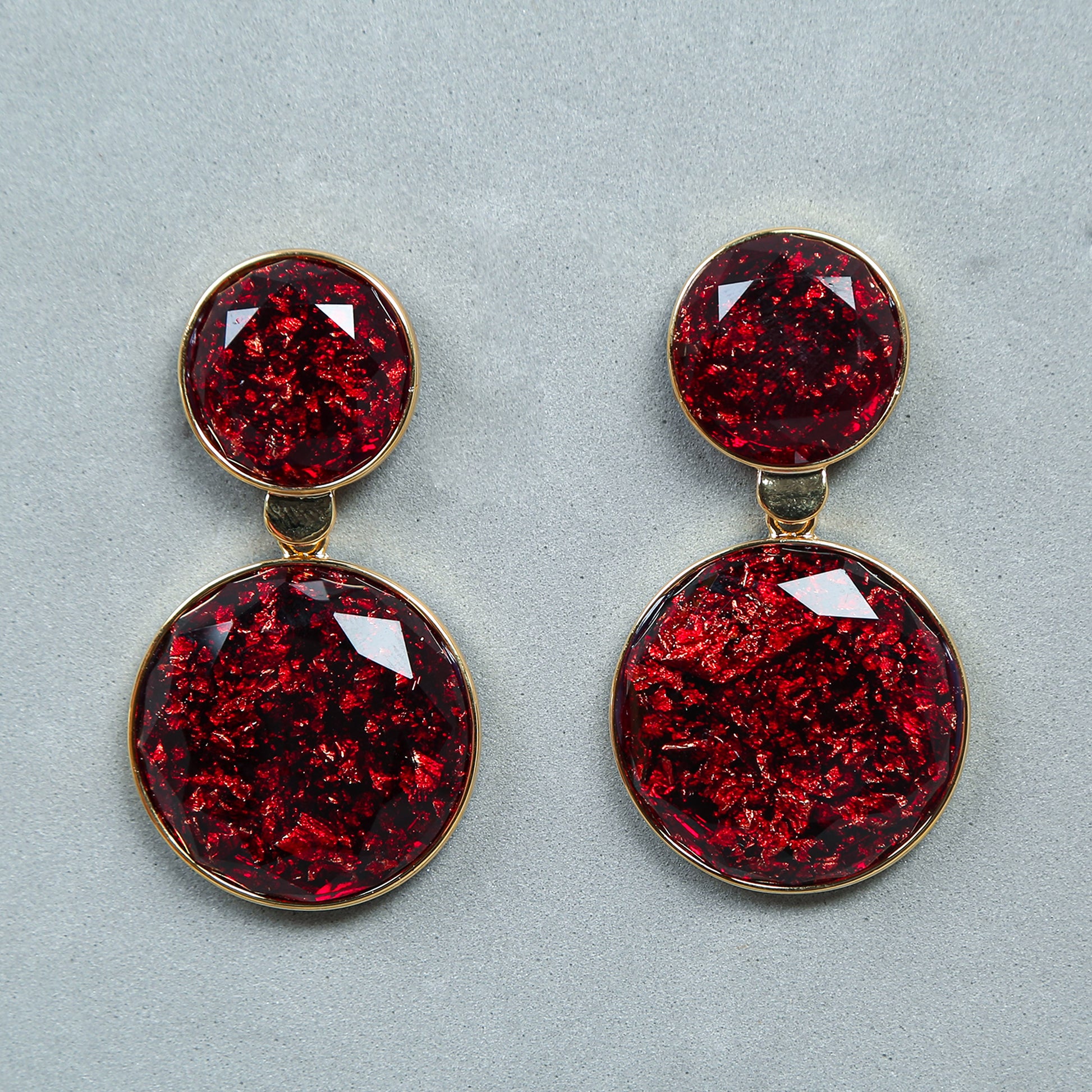 Bold red glitter resin double round drop earrings with golden frame
