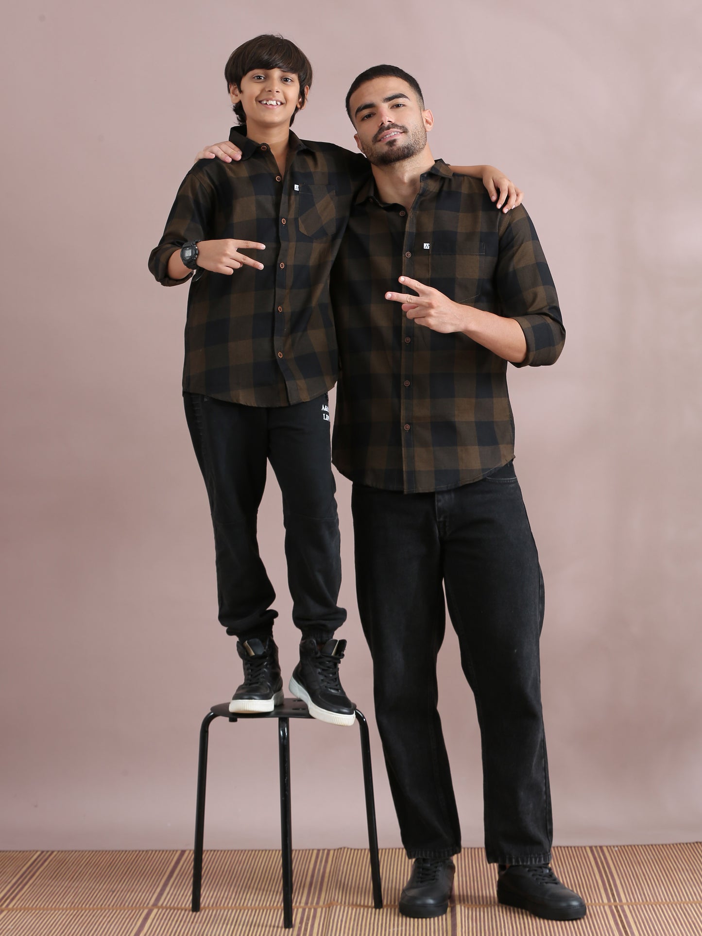 Tomtom Brown Checked Father Son Matching Shirts Combo