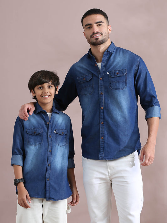 Double Pocket Collor Denim Dad And Son Twinning Shirts