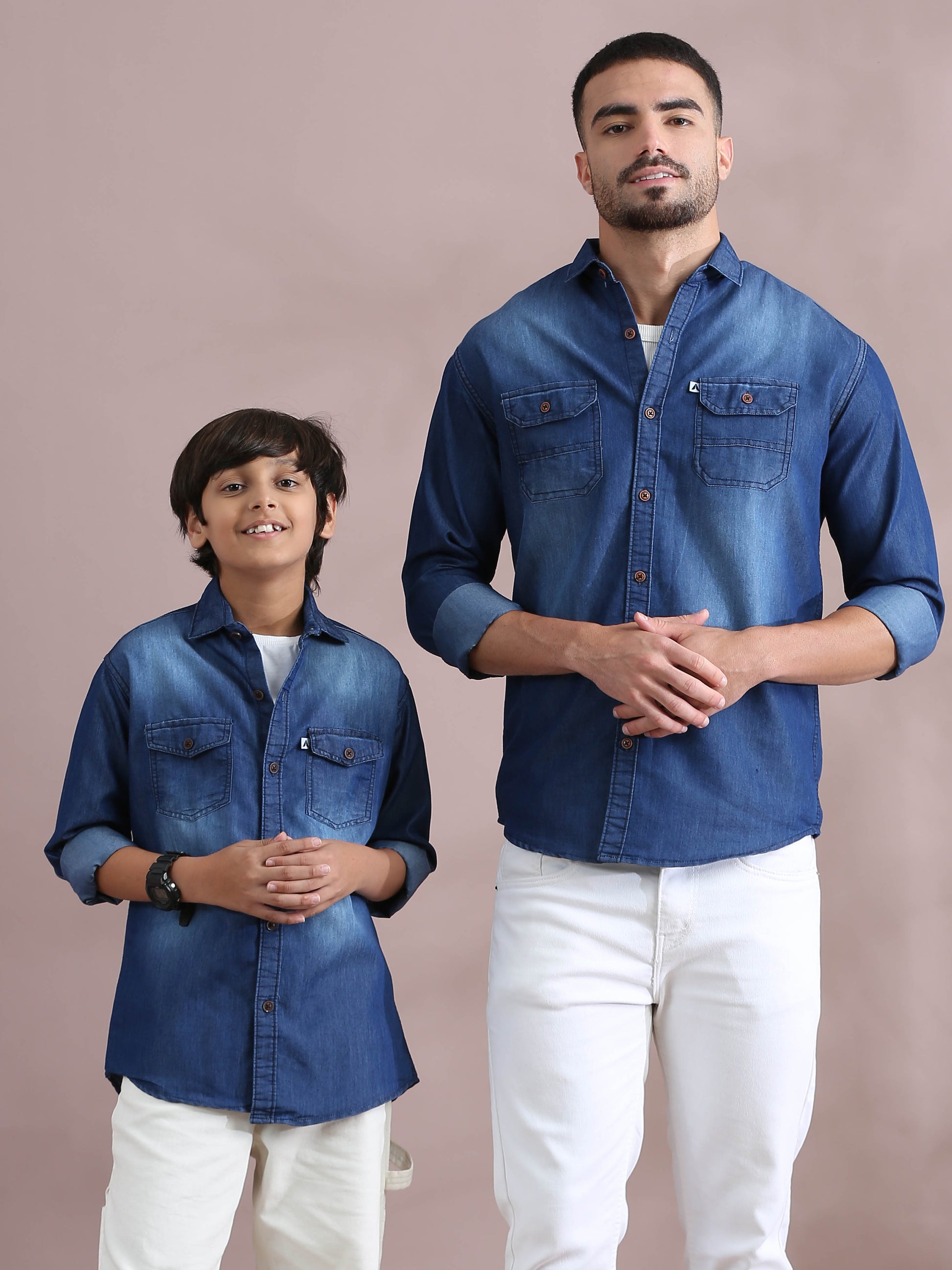 Double Pocket Collor Denim Dad And Son Twinning Shirts