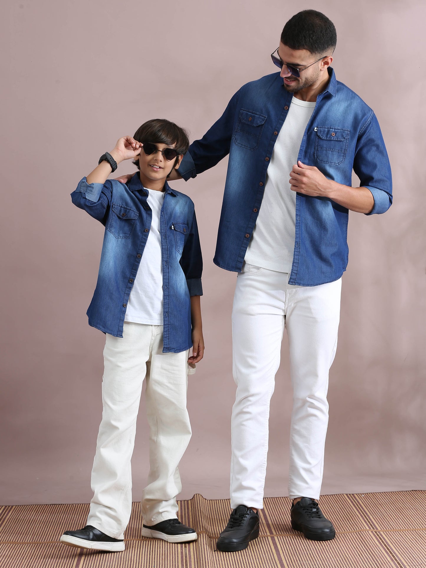 Double Pocket Collor Denim Dad And Son Twinning Shirts