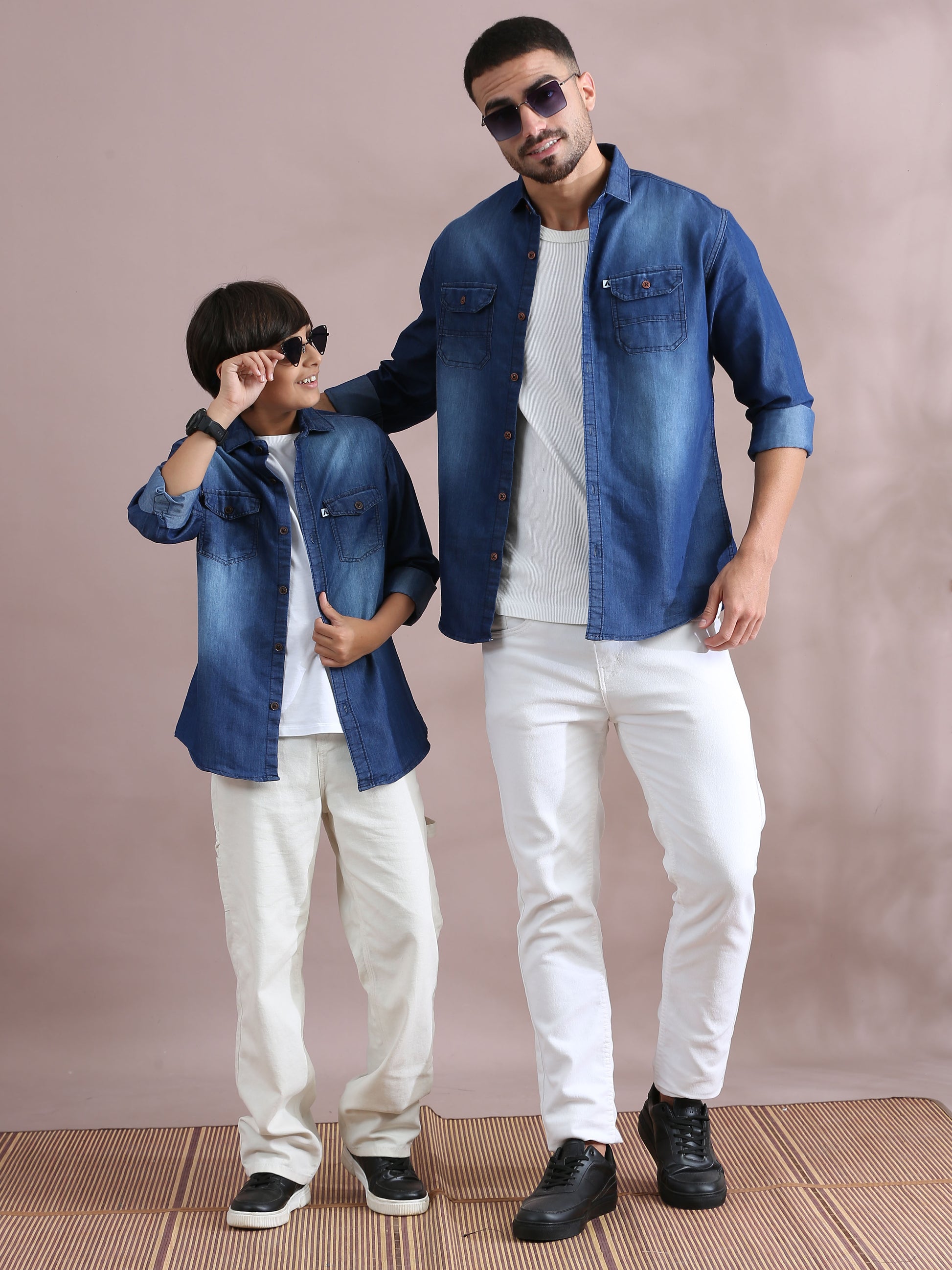 Double Pocket Collor Denim Dad And Son Twinning Shirts