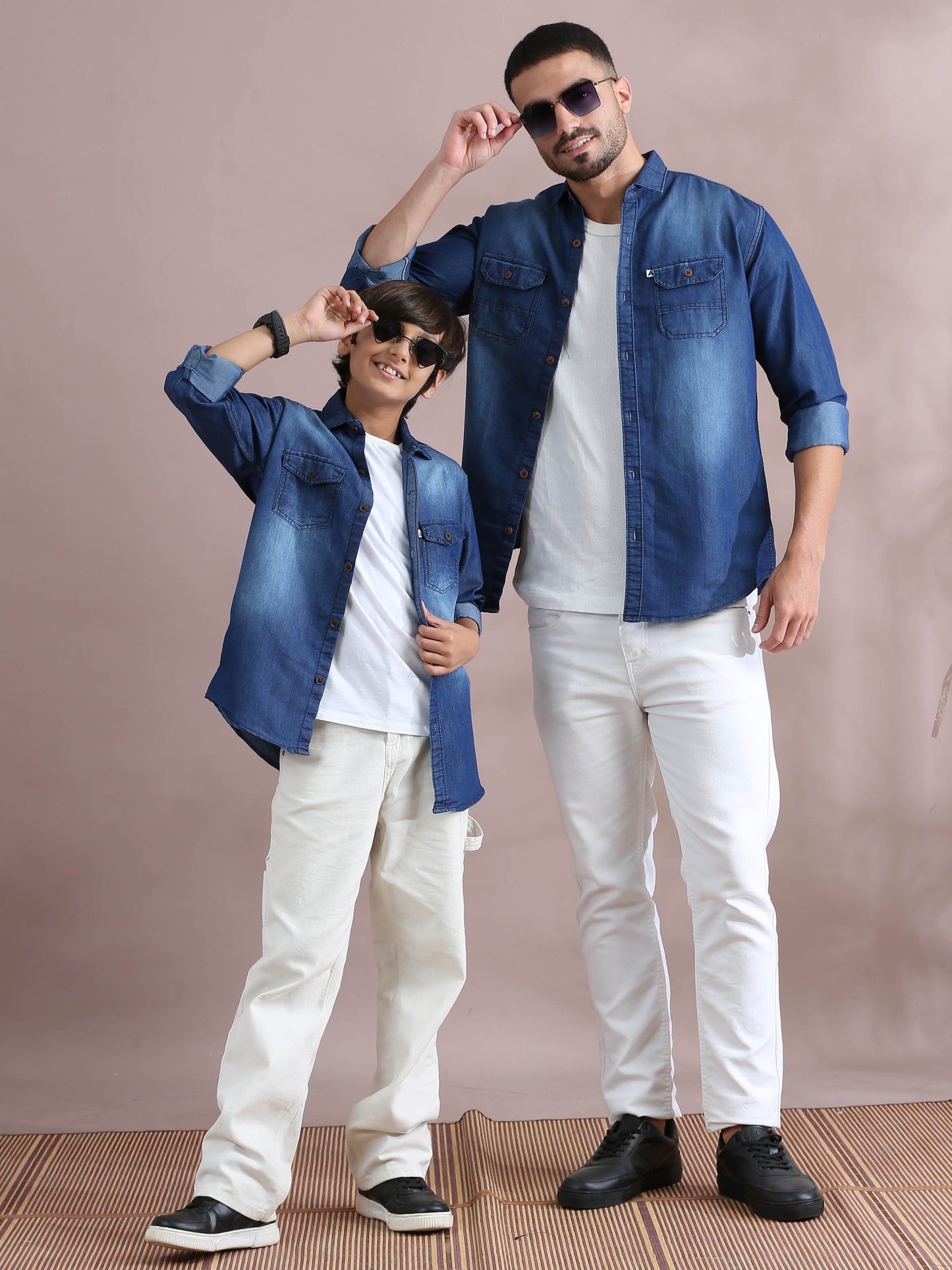 Double Pocket Collor Denim Dad And Son Twinning Shirts