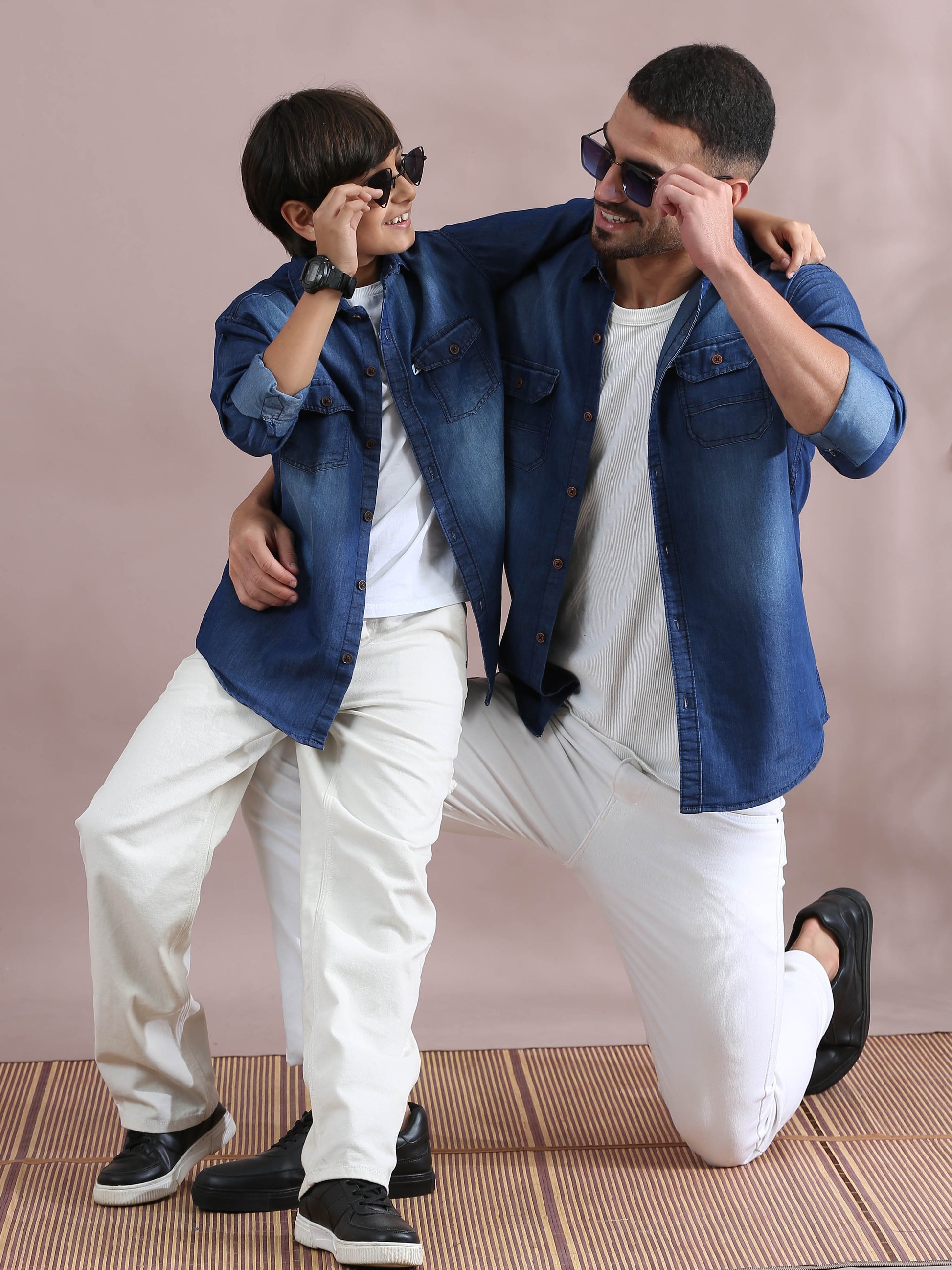 Double Pocket Collor Denim Dad And Son Twinning Shirts