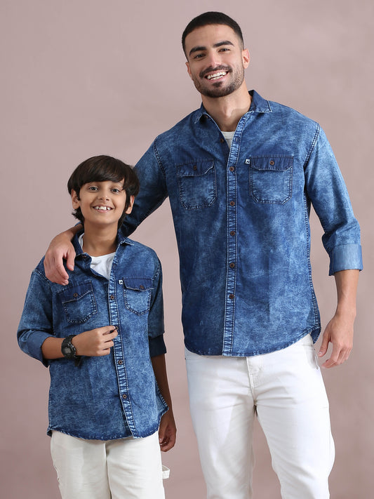 Blue cloud wash Double Pocket Dad Son Same Shirt