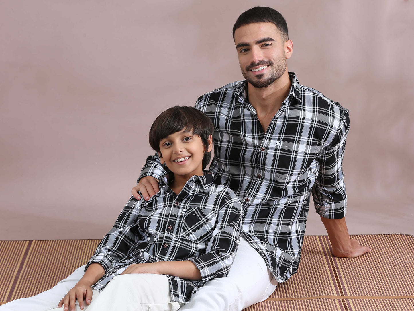 Tiger White Checked Dad Son Shirts Combo