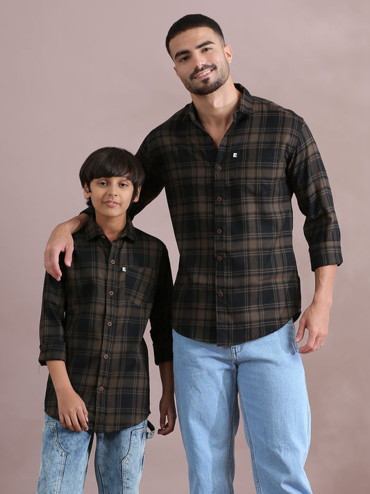 Tiger Brown Checked Matching Dad And Son Outfits Combo