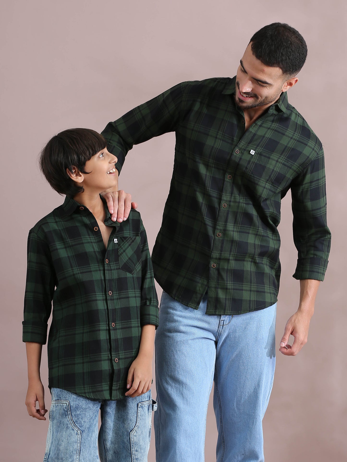 Wanted Green Checked Dad And Son Combo Shirt
