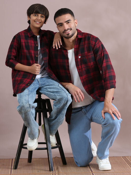 Wanted Red Checked Father Son Matching Dress Shirts Combo