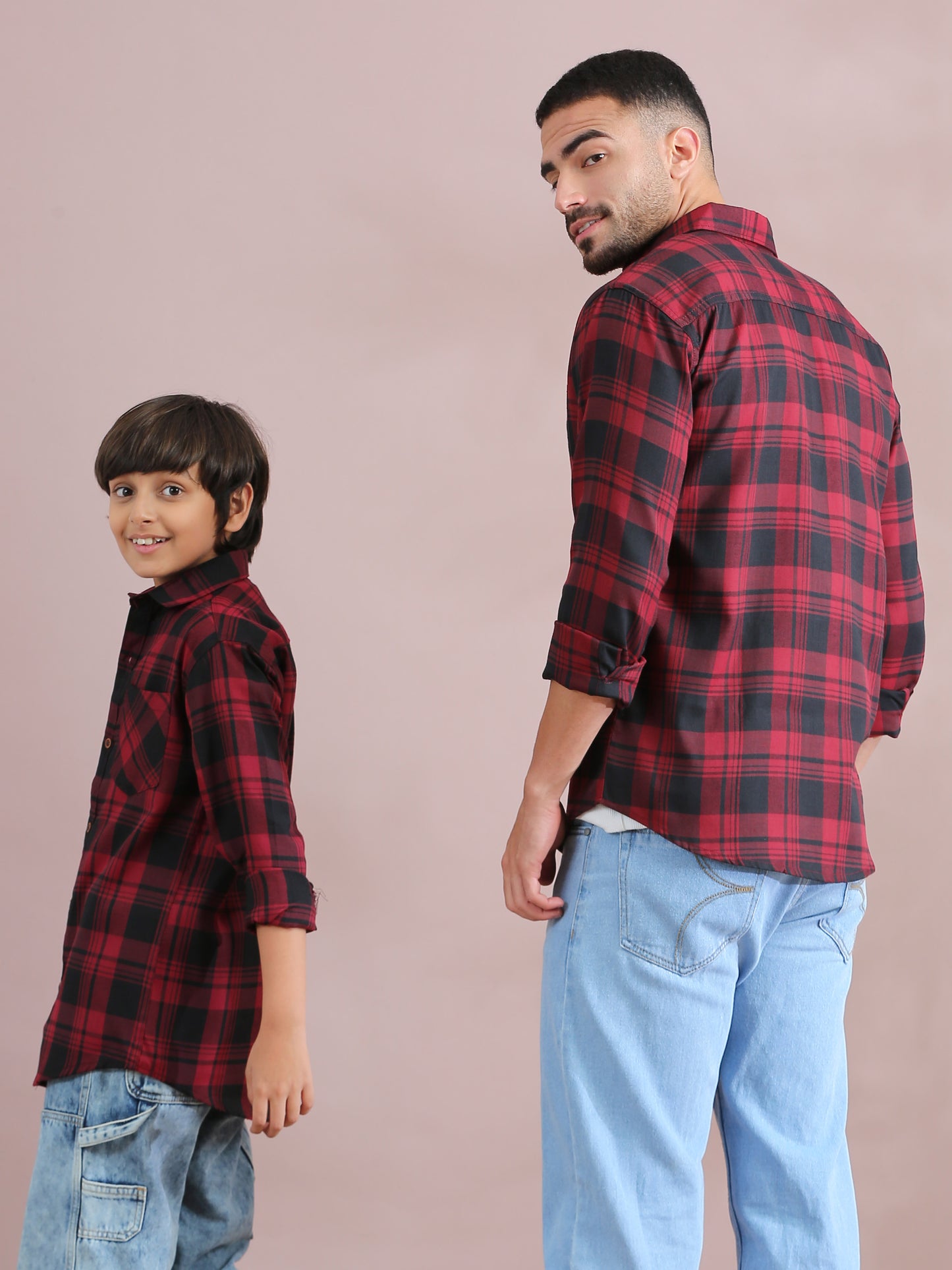 Wanted Red Checked Father Son Matching Dress Shirts Combo