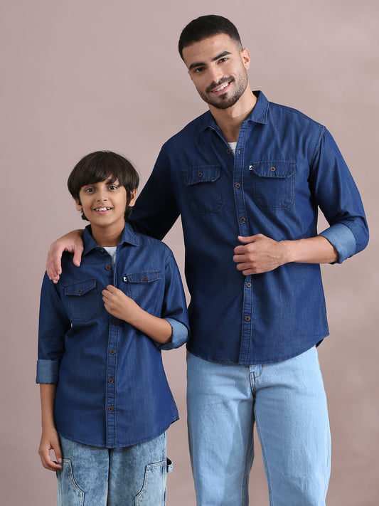 Denim Solid Plain Father And Son Clothing Shirts