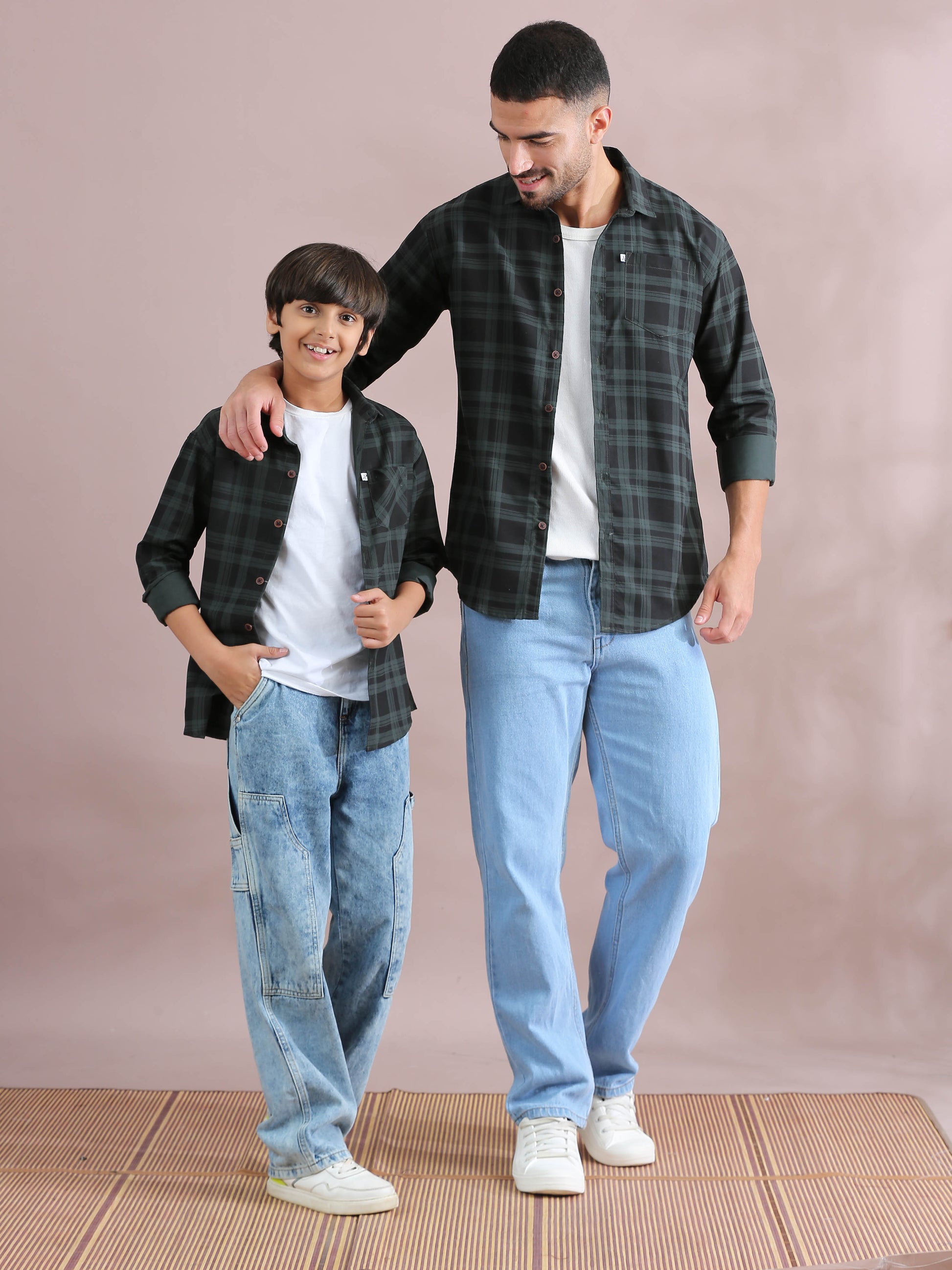 Green Father And Son Matching Long Sleeve Shirts