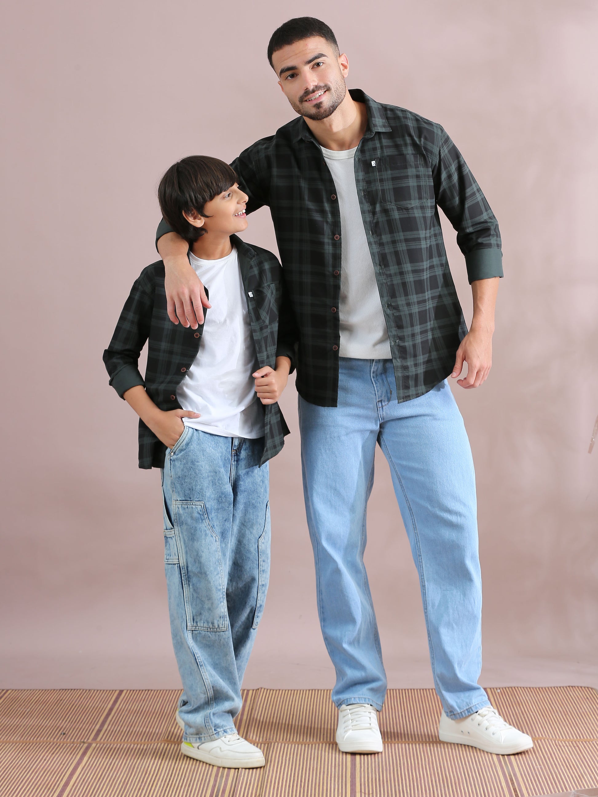 Green Father And Son Matching Long Sleeve Shirts