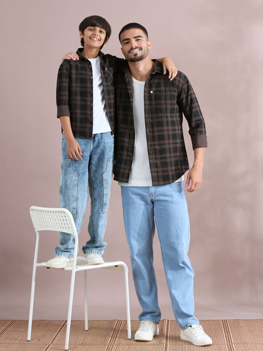 Brown Cotton Twinning Shirts For Father And Son