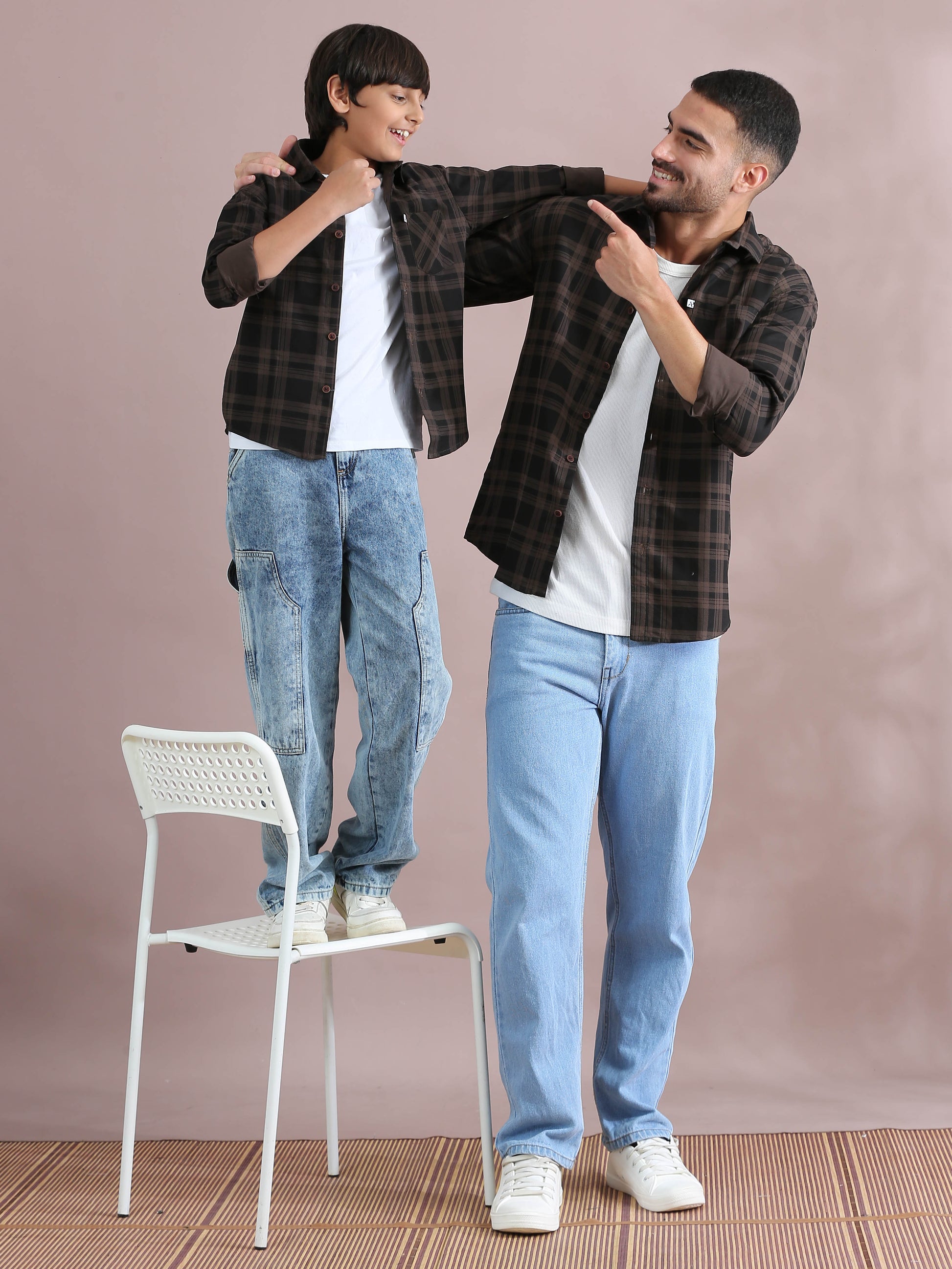 Brown Cotton Twinning Shirts For Father And Son