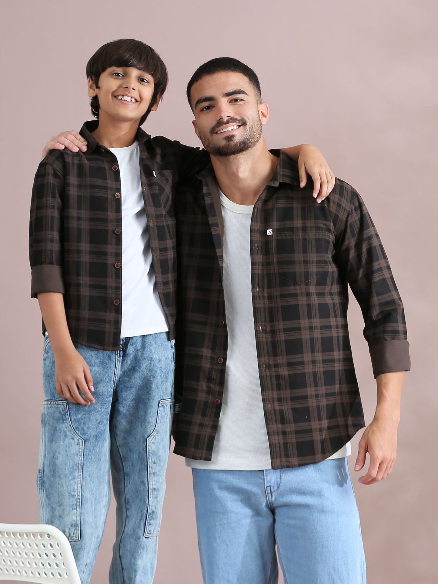 Brown Cotton Twinning Shirts For Father And Son