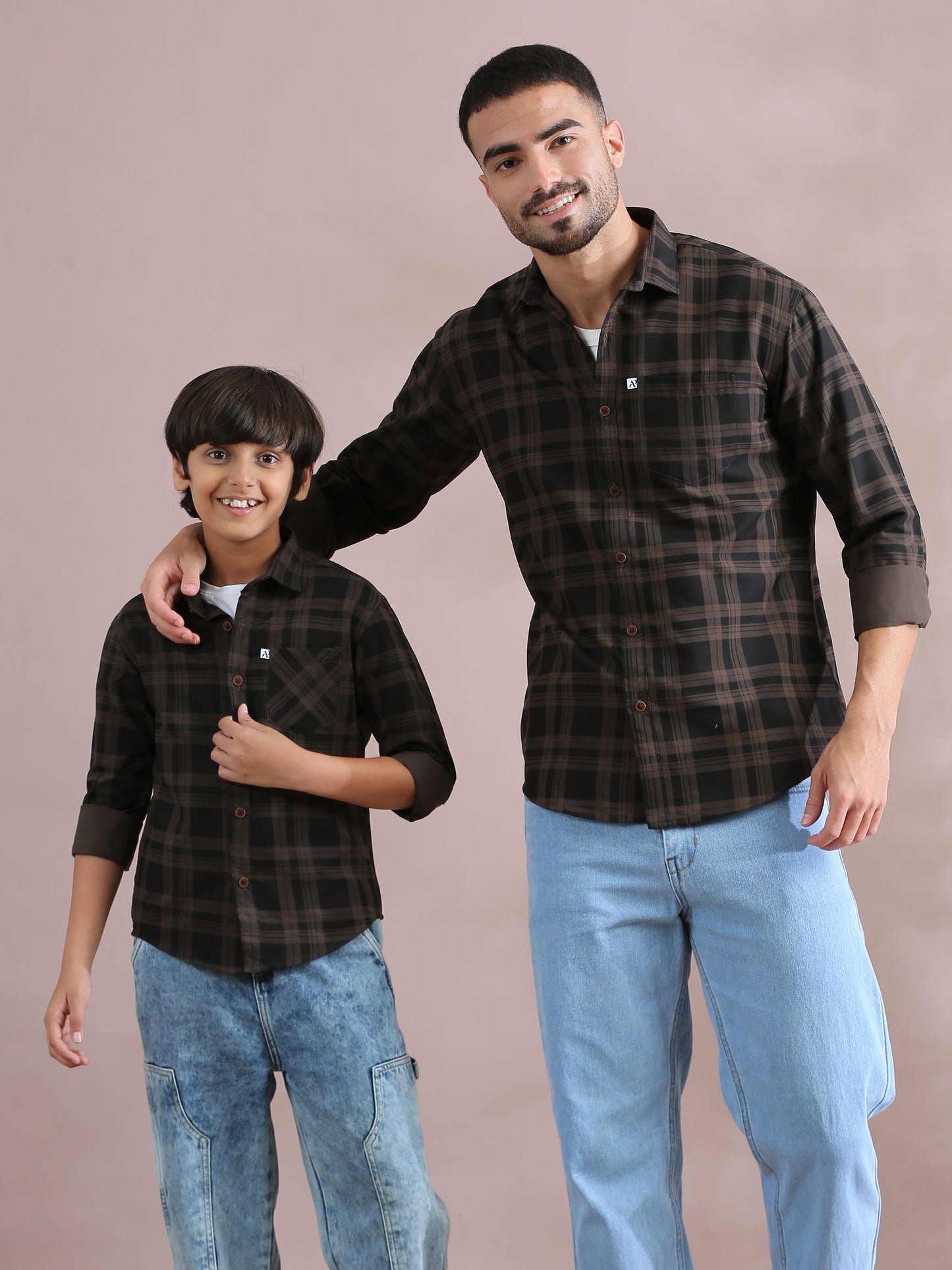 Brown Cotton Twinning Shirts For Father And Son