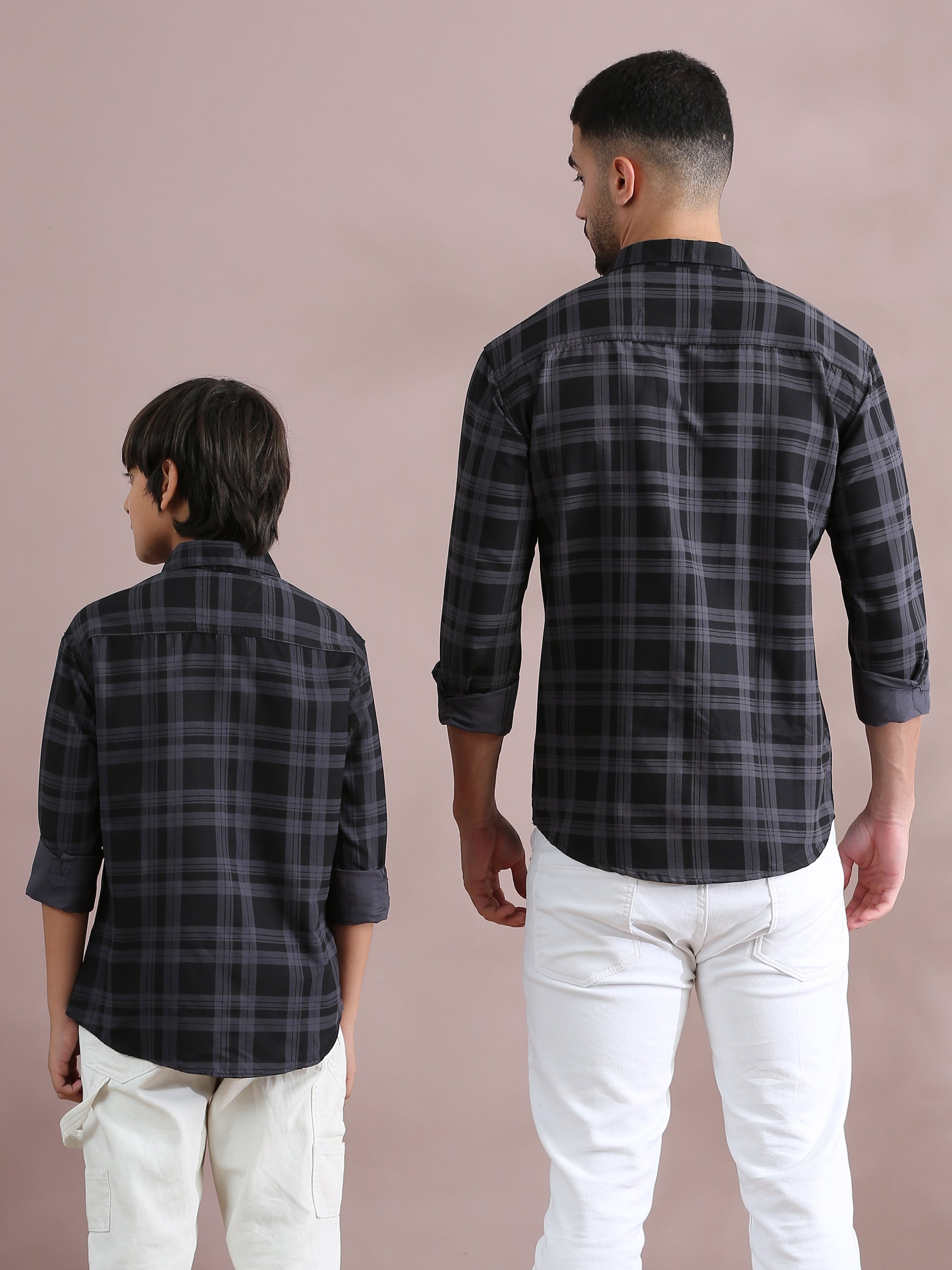 Grey Cotton Blend Father And Son Check Shirts