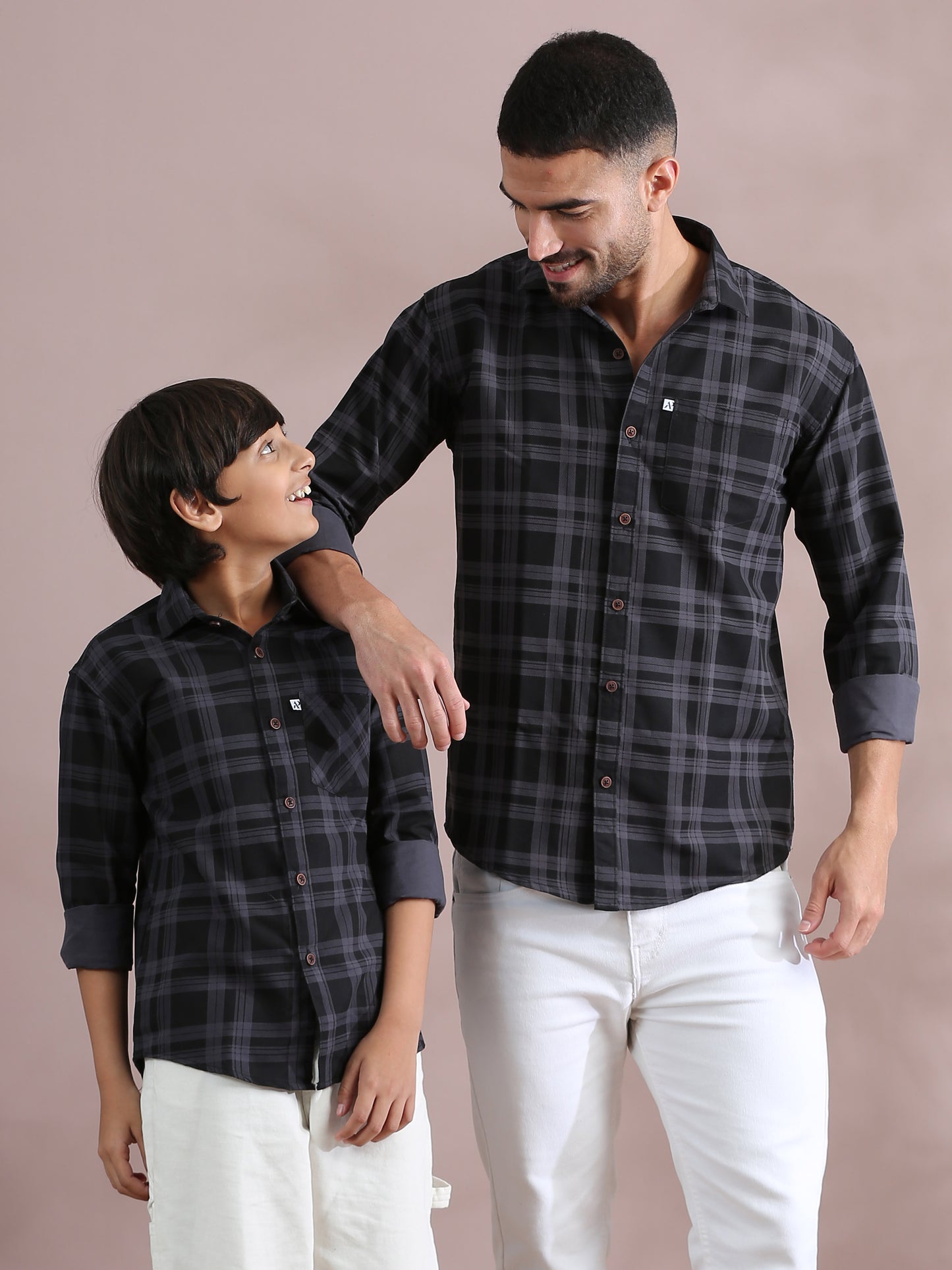 Grey Cotton Blend Father And Son Check Shirts