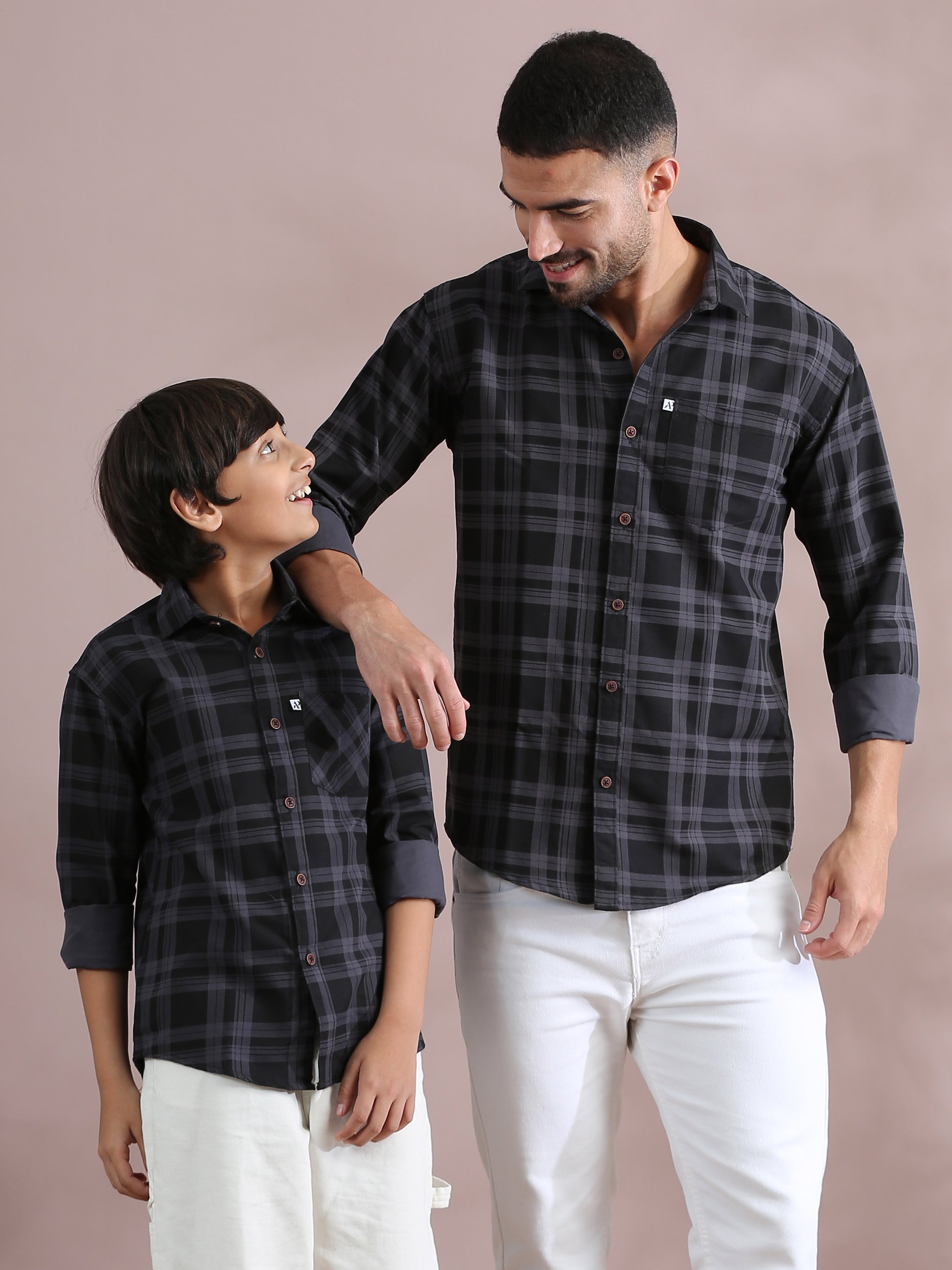 Grey Cotton Blend Father And Son Check Shirts