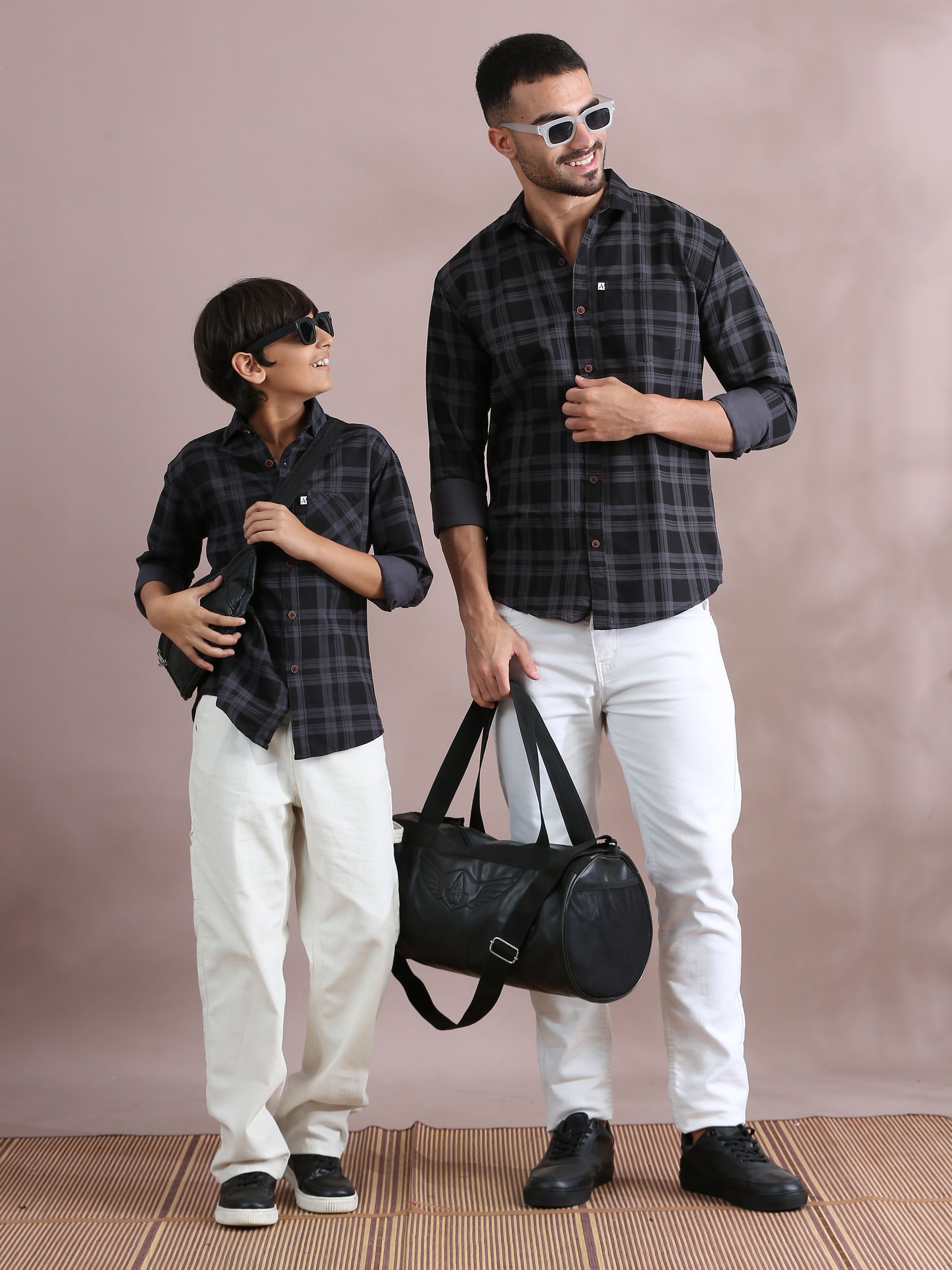 Grey Cotton Blend Father And Son Check Shirts