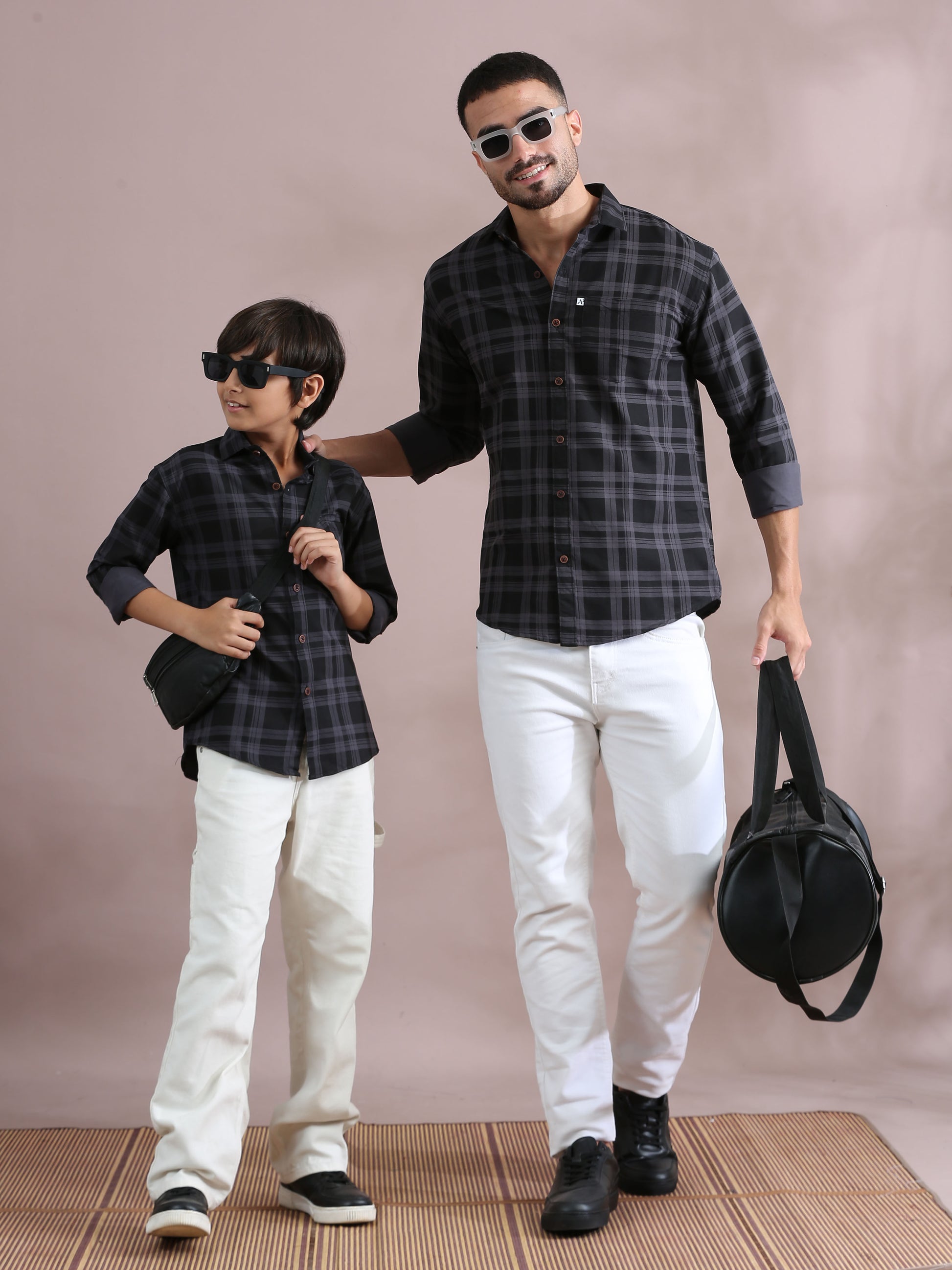 Grey Cotton Blend Father And Son Check Shirts