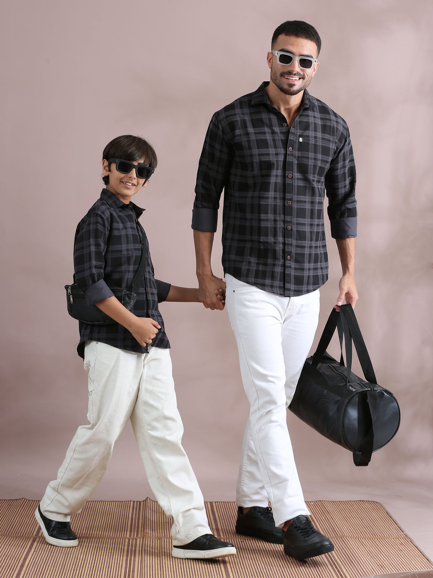 Grey Cotton Blend Father And Son Check Shirts