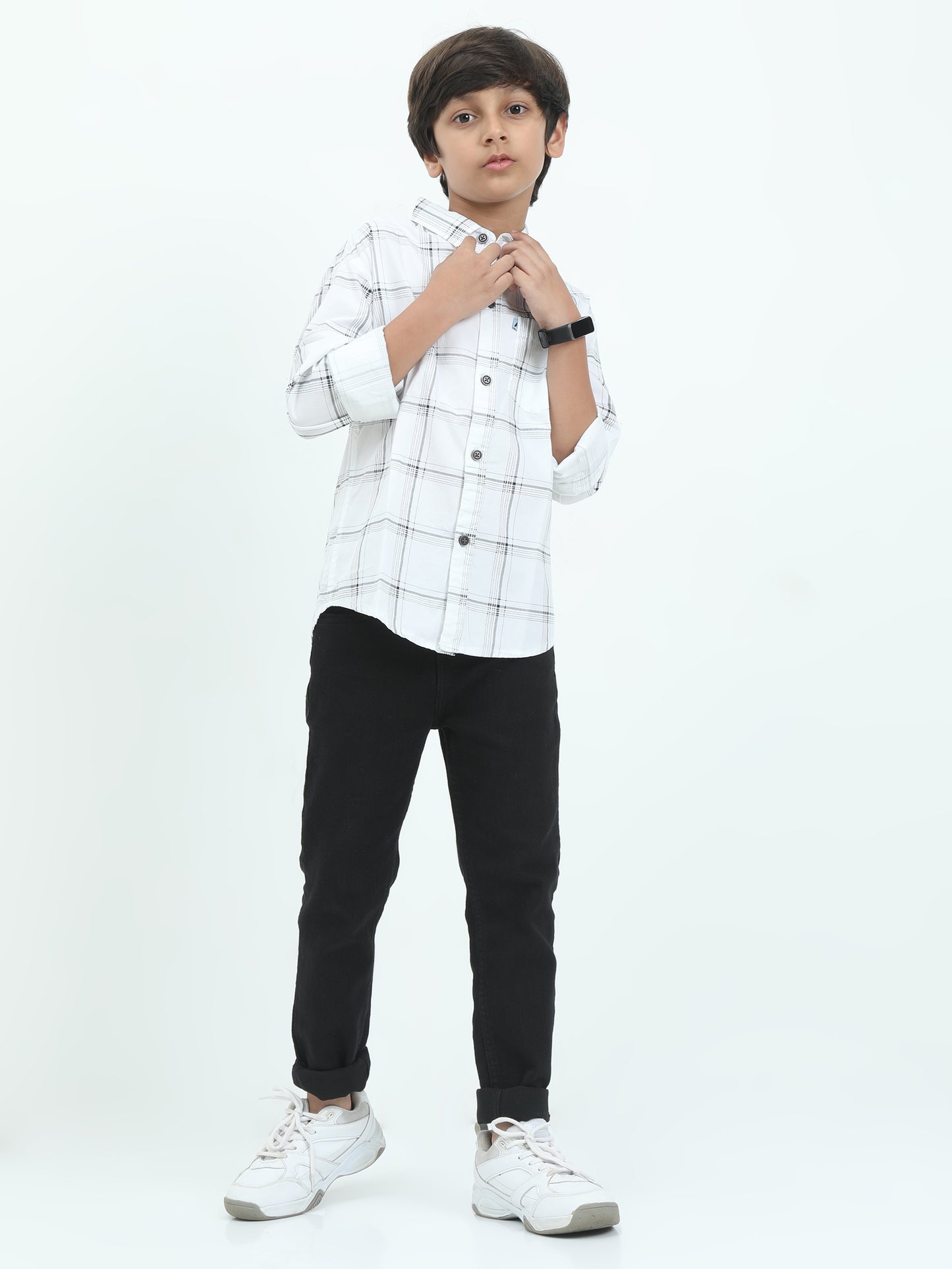 6line Checked Boys White Long Sleeve Shirt