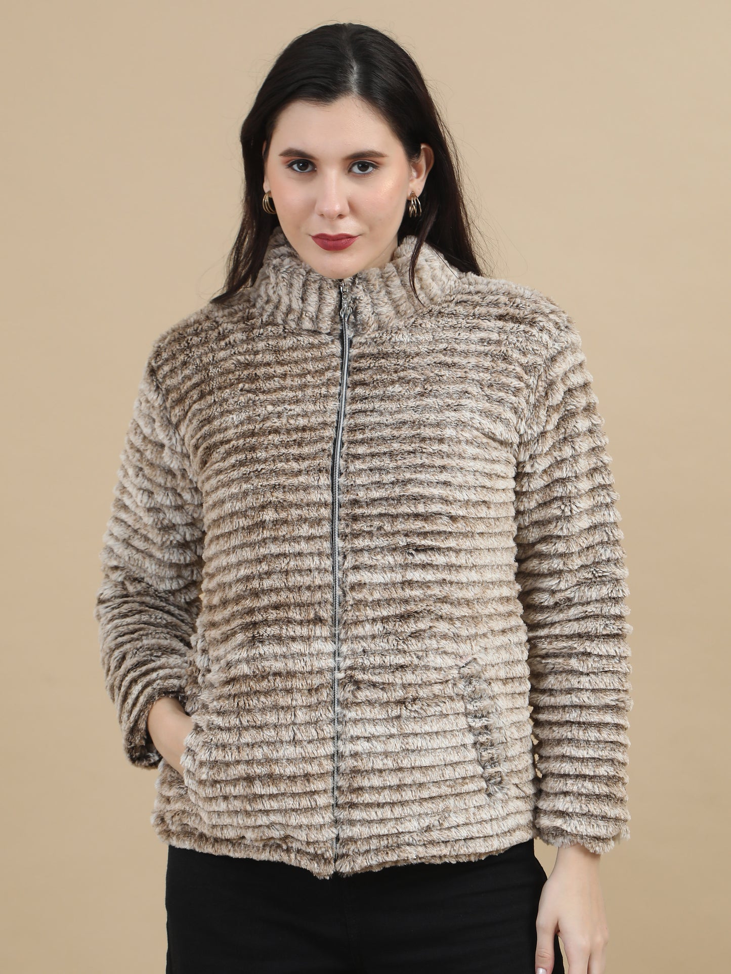Slim Fit Solid Rabbit Brown Fur Jacket for Women