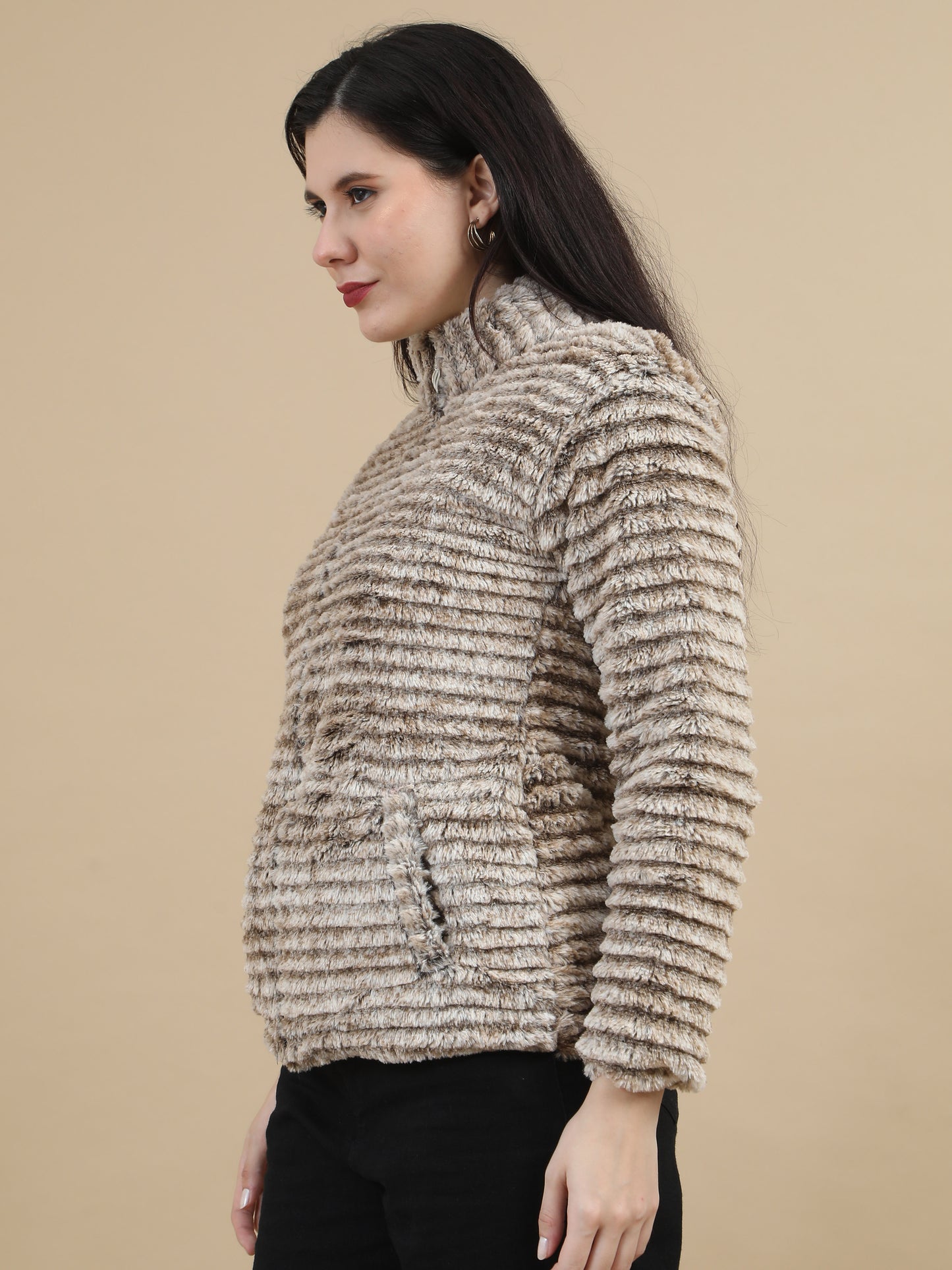 Slim Fit Solid Rabbit Brown Fur Jacket for Women