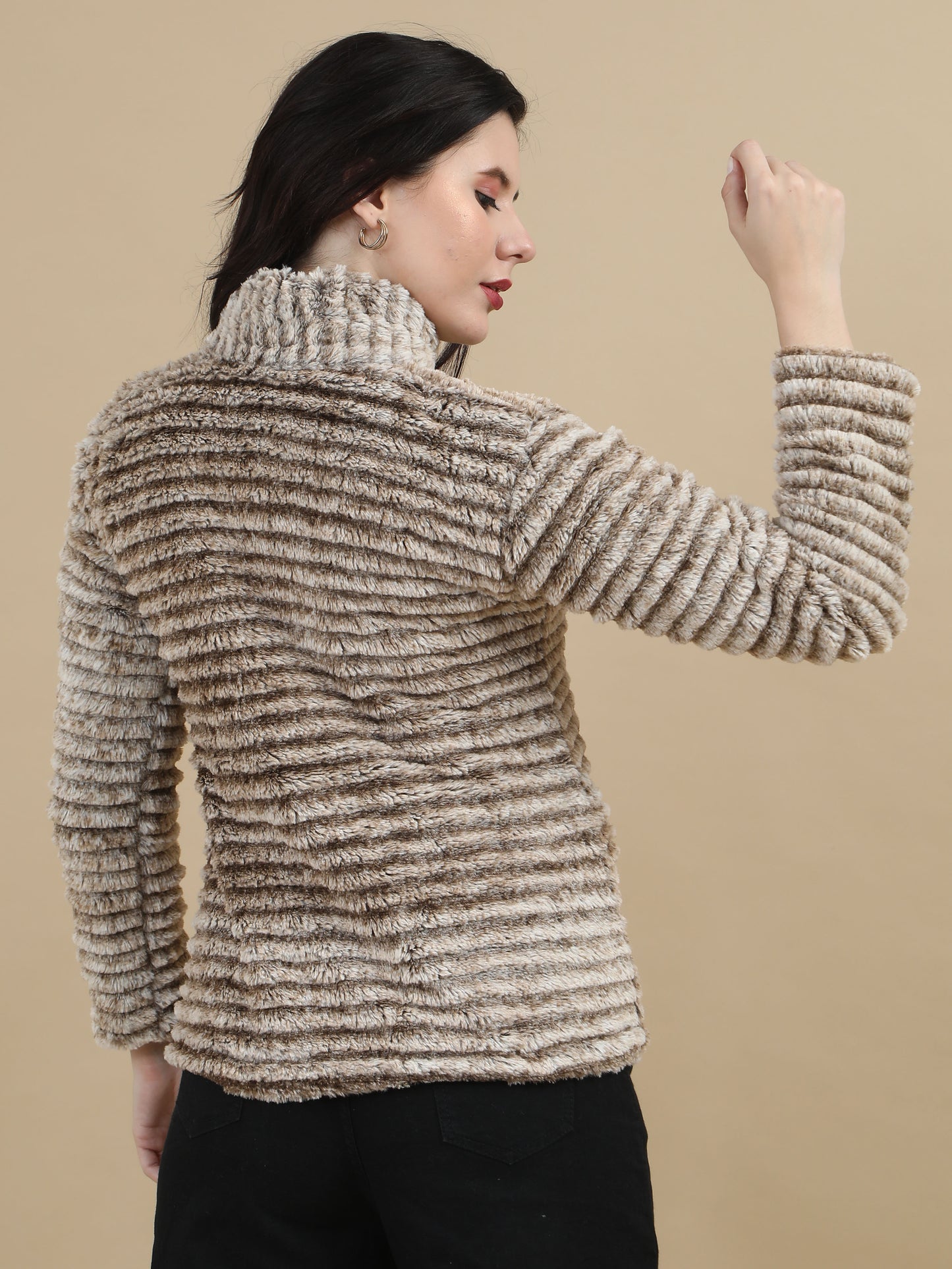 Slim Fit Solid Rabbit Brown Fur Jacket for Women